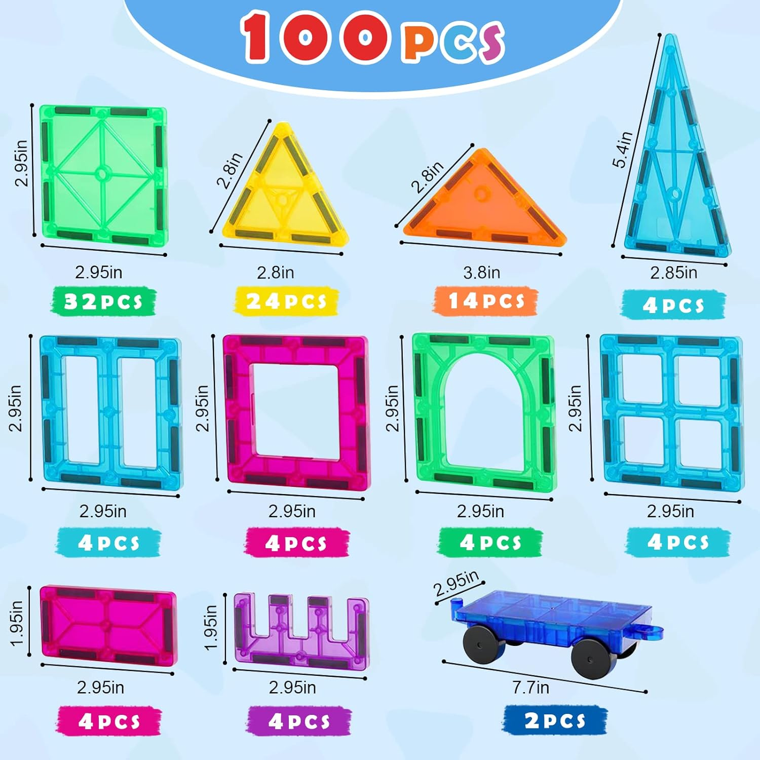 Gemmicc 100 PCS Magnetic Tiles with 2 Cars, STEM Approved Educational Magnet Buildingtoys, Magnet Puzzles Stacking Blocks for Boys Girls image number 2