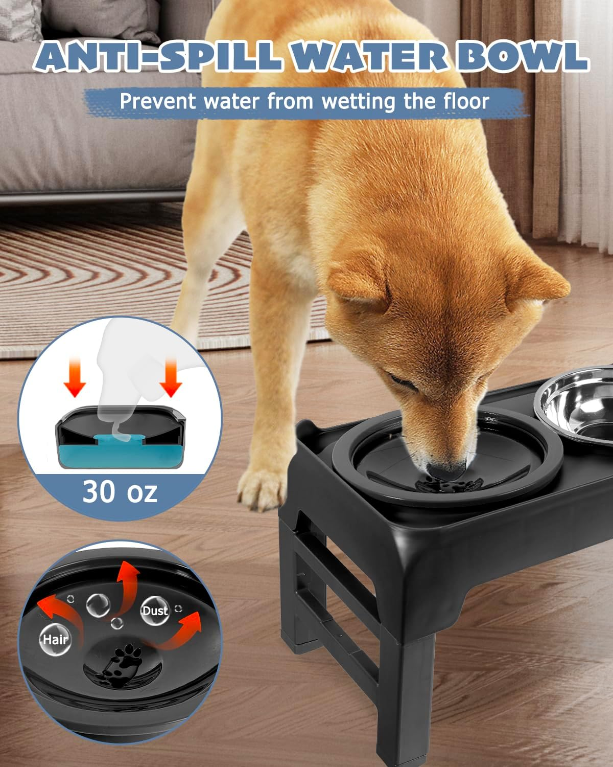 Elevated Dog Bowls, Raised Bowl Stand with No Spill Slow Water Feeder & Stainless Steel Food Dish, Feeding Station with 4 Adjustable Heights for Small Medium Large Dogs image number 3