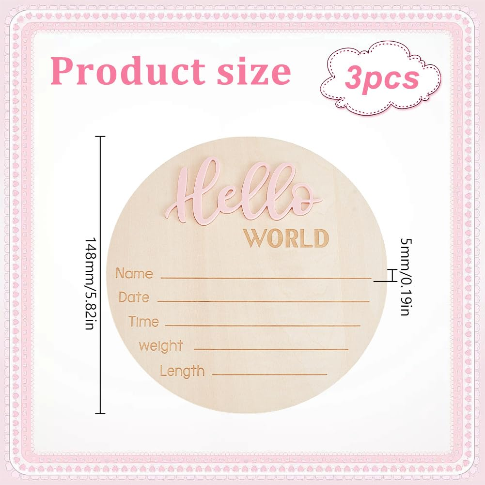 HOBBIESAY 3Pcs Pink Announcement Sign Wooden Hello World Newborn Welcome Board Stat Plaque Souvenir and Gifts for New Parents Home Hospital Nursary Decoration