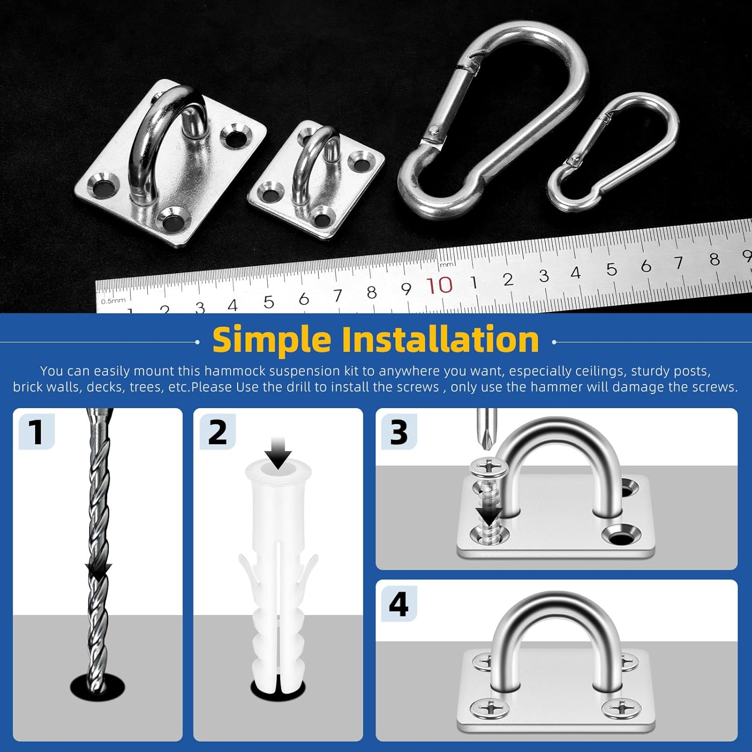 Glarks 40Pcs M8 Stainless Steel Pad Eye Plate Hook and Snap Hook Kit, Square Eye Plate U Hooks Heavy Duty Ceiling Hooks and Carabiner Clips Snap Hook for Ceiling, Mounting Hanging Hardware image number 4