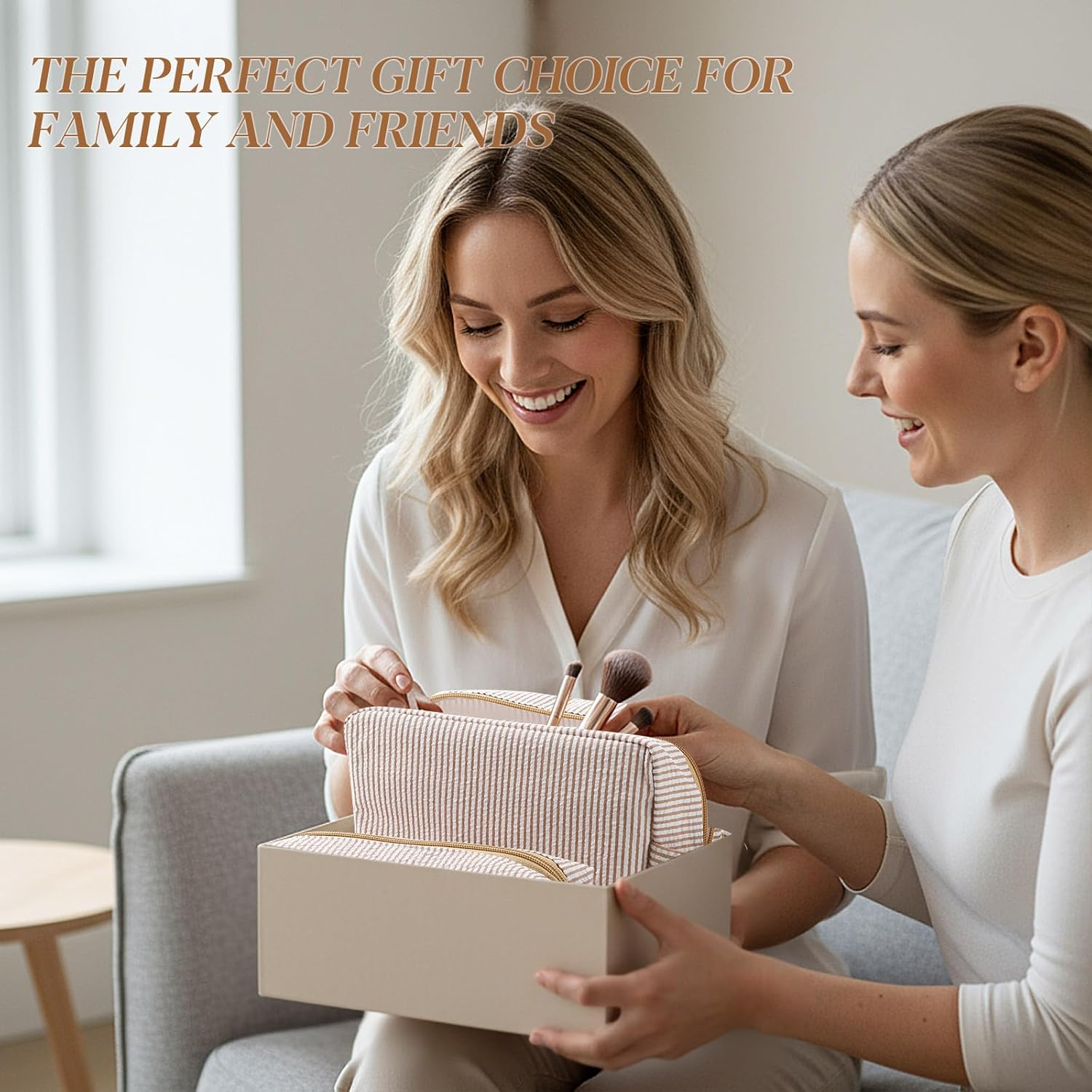 Sanwuta 2 Pcs Makeup Bag Set Seersucker Cosmetic Bag for Women Cute Stripe Travel Toiletry Organizer Aesthetic Preppy Storage Pouch for Girls Wedding Bridesmaid Valentine'S Day Gifts, Brown - Brown image number 4