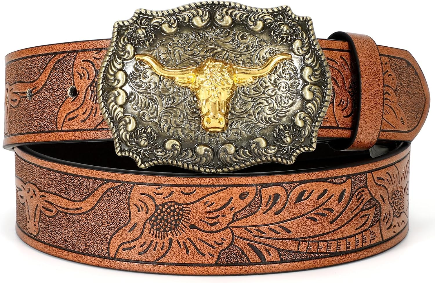 Women Men Western Belts Cowboy Cowgirl Country Belt Longhorn Bull Buckle Floral Embossed Belt for Jeans Dresses 120Cm