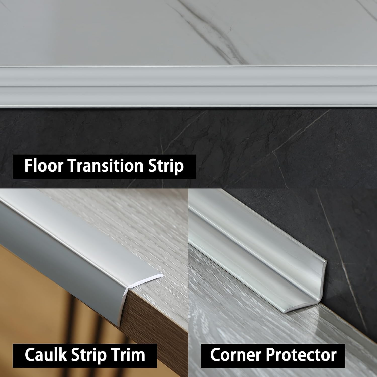 Peel and Stick Multifunctional Molding, 3-In-1 Design - Wall Trim & Corner Guards & Caulk Strip Baseboard for Floor, Table and Door Frame (Shiny Silver, 5M X 2Cm)