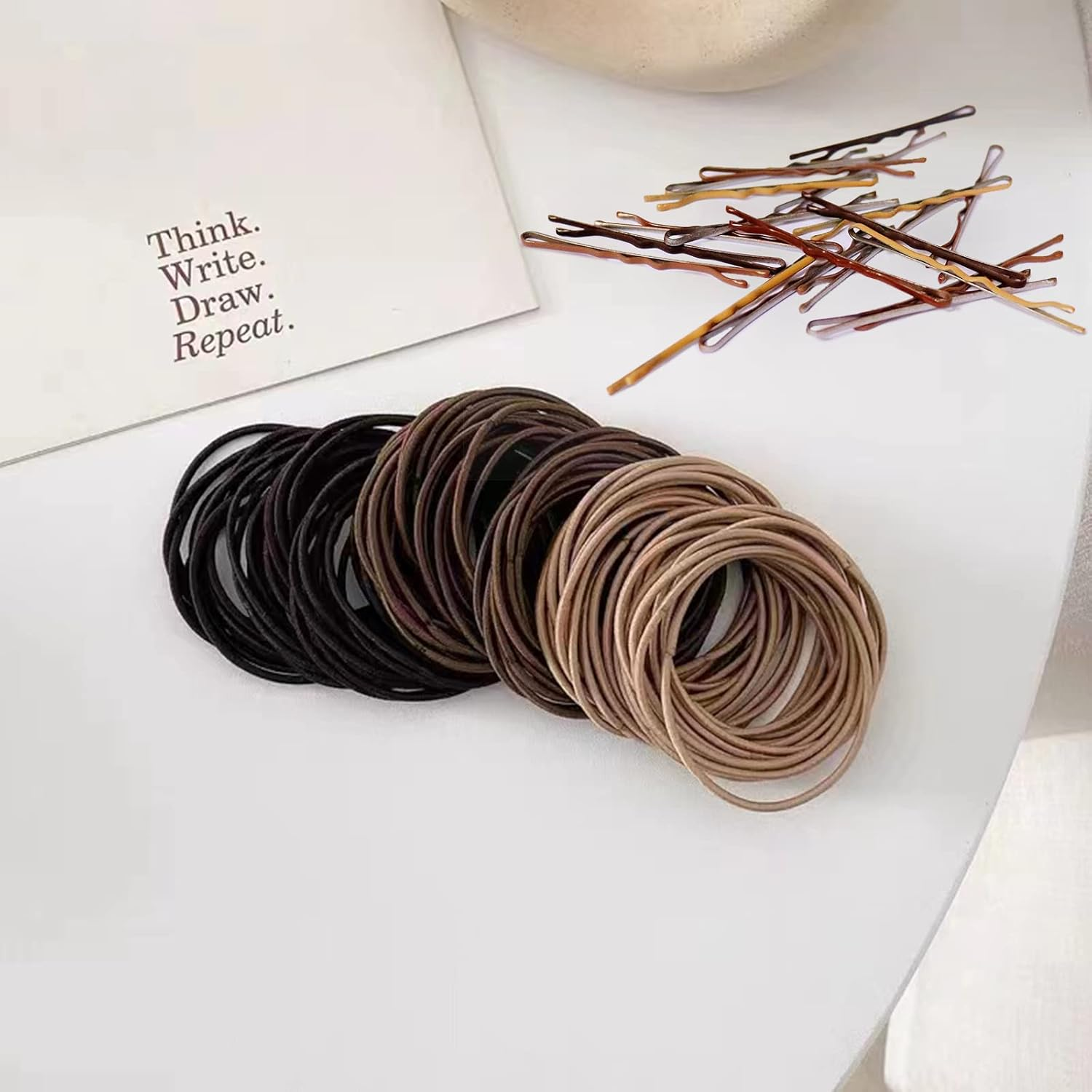Kavya Pack of 100 Women'S Hair Bobbles (3 Colours), 20 Hair Pins (4 Colours) Bobby Pins, without Metal, Small Elastic Thin Hair Bobbles Girls Ponytail Hair Accessories-A image number 2