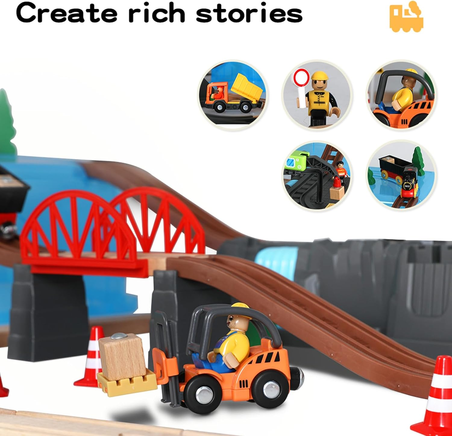 Bopeep Train Play Toys Set Kids/Toddler Track Vehicle DIY Wooden Cars Miniature Magnetic Trains Storage Puzzle Railway & Road Activity Girls&Boys 55PCS