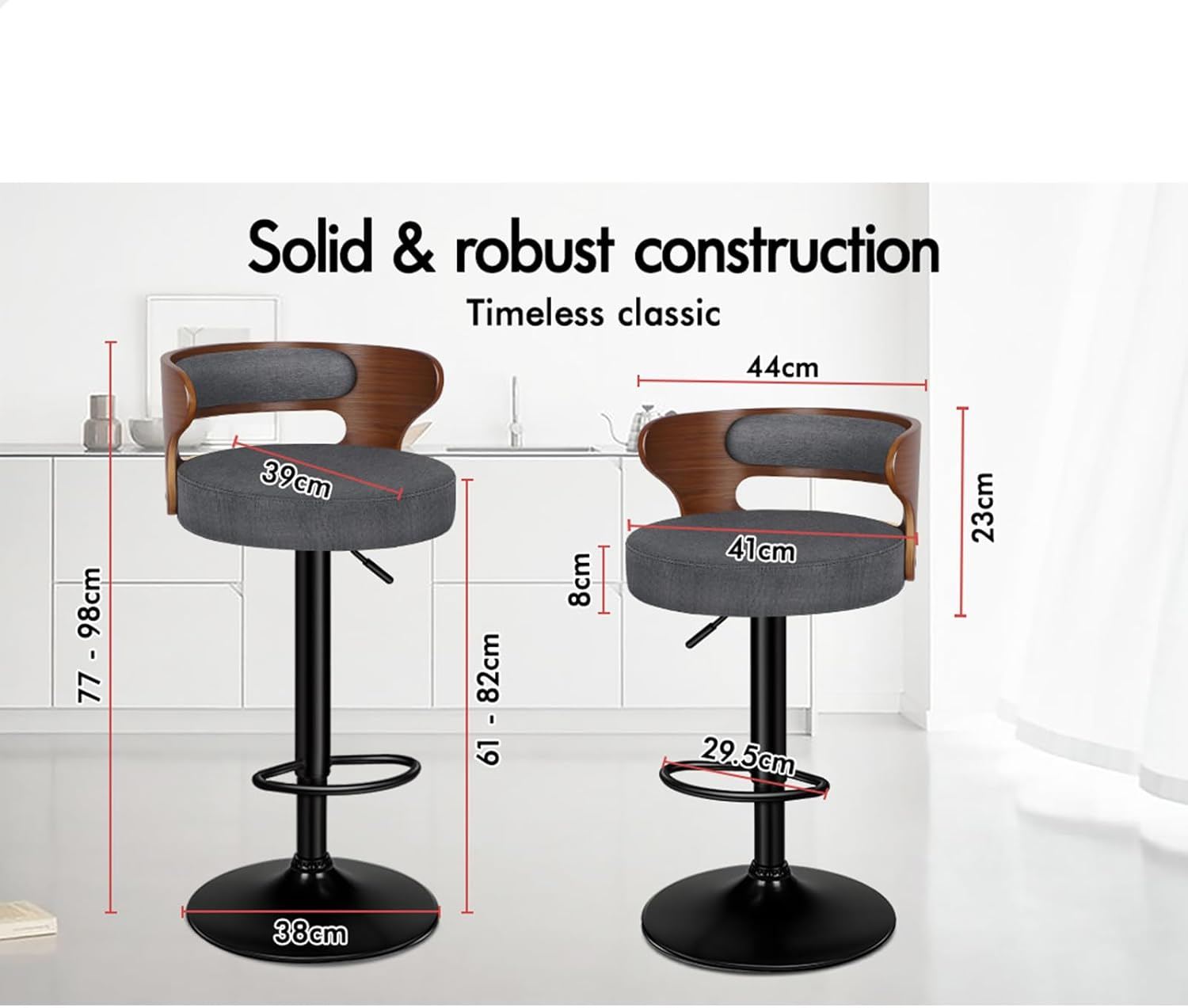 ALFORDSON Set of 4 Bar Stool Adjustable Kitchen Stool Swivel Counter Wooden Dining Chair in 61-82Cm Seat Height Gas Lift, White Bar Sets for Home Dining Room Cafe Shops Bars, Ramiro Fabric Grey image number 6