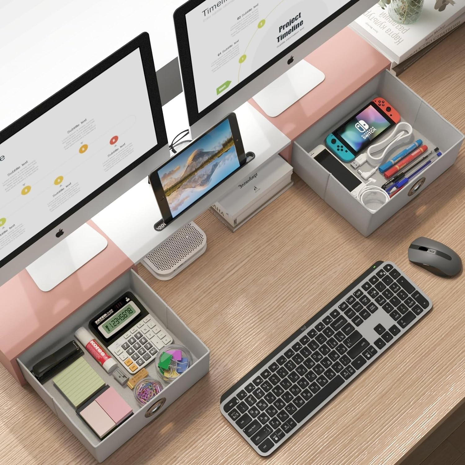 WESTREE Dual Monitor Stand Riser with Two Drawers, Extra Large Storage for 2 Monitors, Ergonomic Design, Wooden Finish - Rustic Brown image number 4