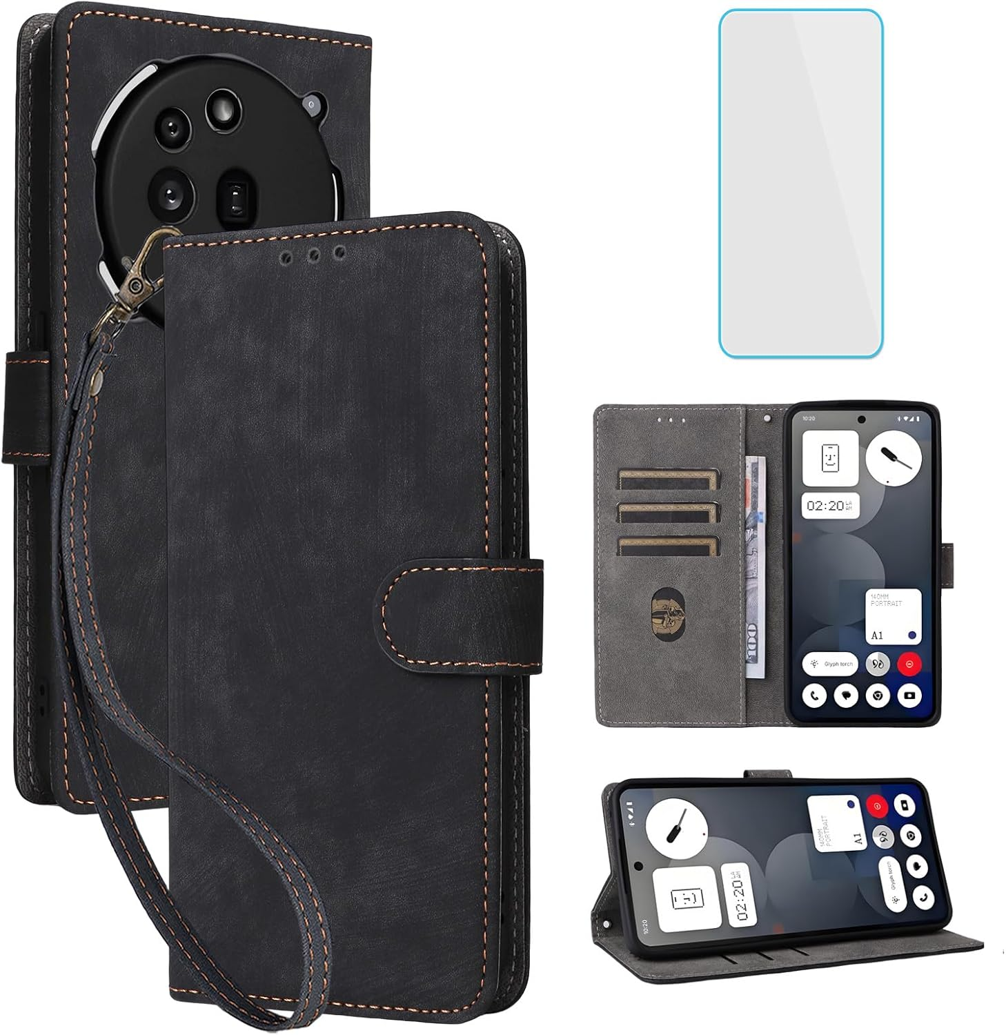 IUQXU for Nothing Phone 3A Pro Wallet Phone Case with Screen Protector [RFID Blocking] Leather Card Holder Kickstand Women Men Cell Phone Case for Nothing Phone3A Pro 3Apro 5G Black