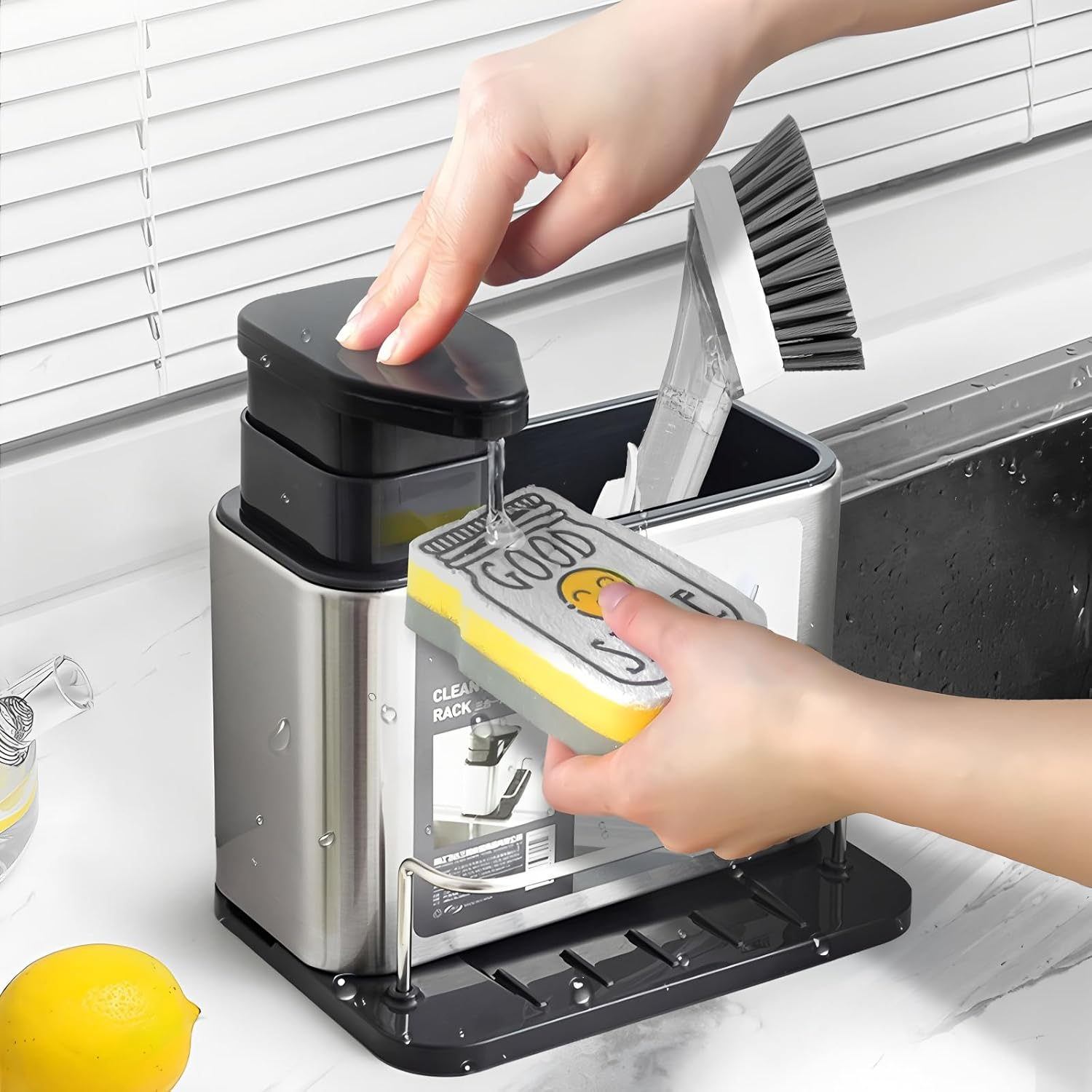 AIMANWEI 3-In-1 Hand and Dish Soap Dispenser Set for Kitchen,340Ml Stainless Stee Kitchen Soap Dispenser,Sink Caddy Sponge Holder Rack Shelf, for Hand Sanitizer, Bathroom Shower image number 5