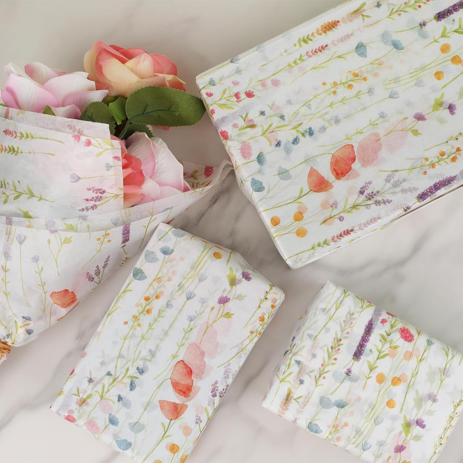 20 Sheets 35 X 50 Cm Lavender Floral Printed Tissue Paper Wrapping, Flower Patterned Tissue Wrapping Paper Bulk for Grils, Her Birthday, Moms Gift Bags Filling Product Wrap image number 1