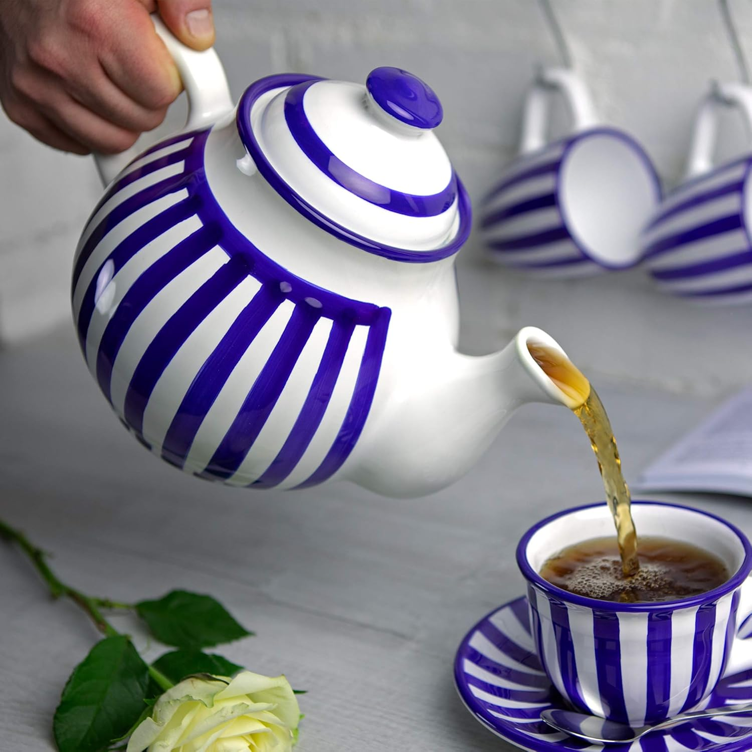 City to Cottage&reg; Navy Blue Striped Large 1,7L/60Oz/4-6 Cup Handmade Hand Painted Ceramic Teapot with Handle and Lid image number 1