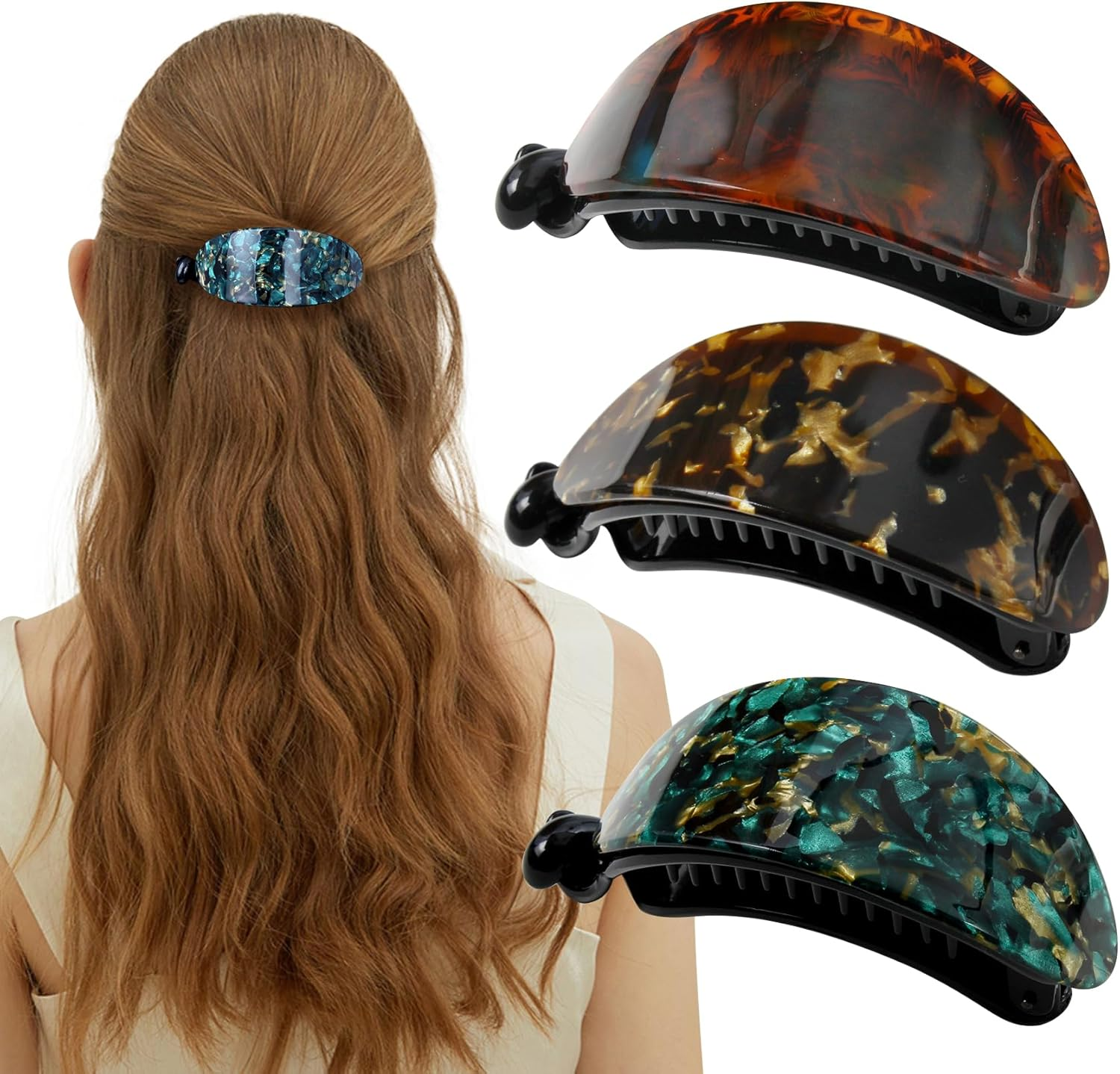 Mistofu 3Pcs French Concord Women'S Hair Claw Clips - Curved Strong Hold No Slip Grip Large Clips for Thick or Thin Hair (Multicolor A)