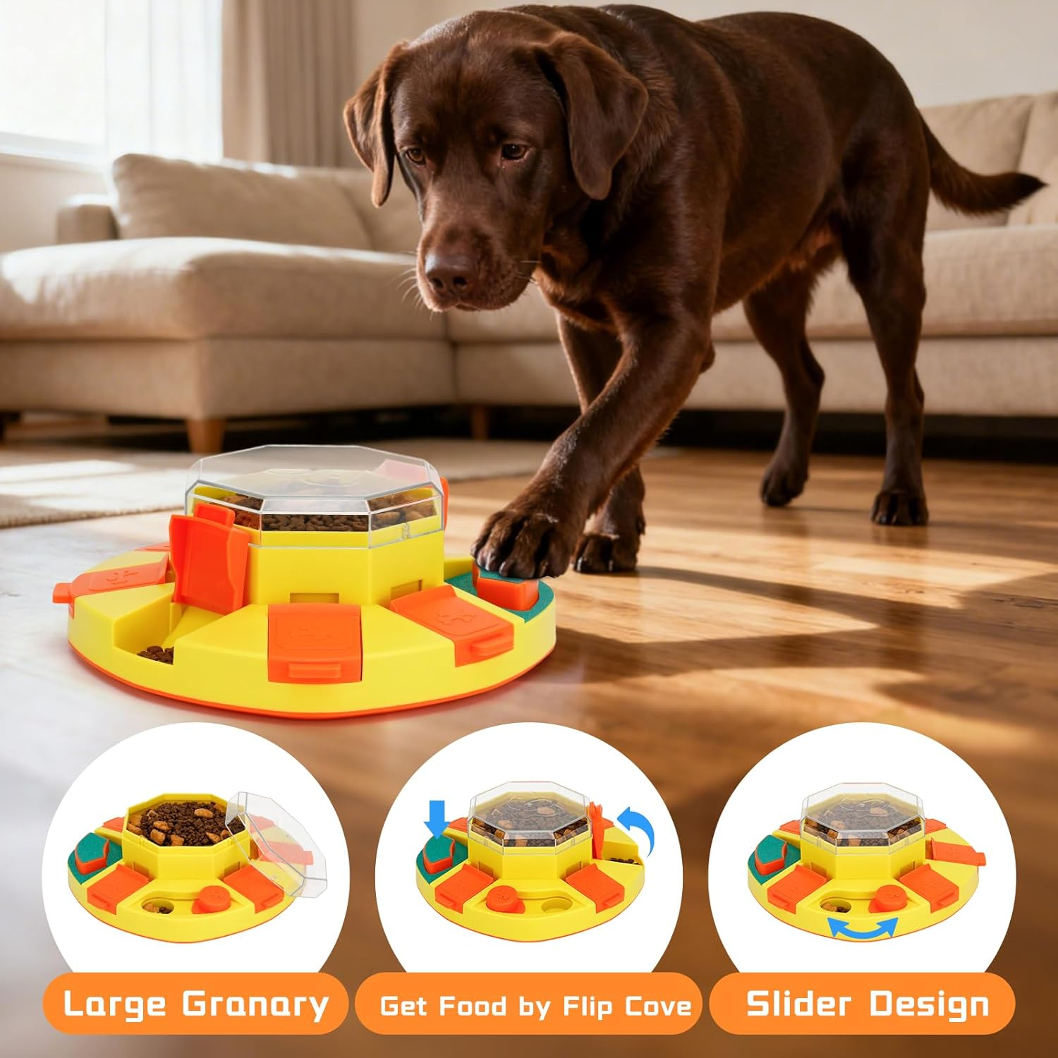 Dog Enrichment Toys 2 Levels Dog Slow Feeder Bowl with 2 Puppy Teething Chew Toys Nail File Toy for Mental Stimulation and Training Interactive Puzzle Toy for Smart Dogs (Yellow) image number 2