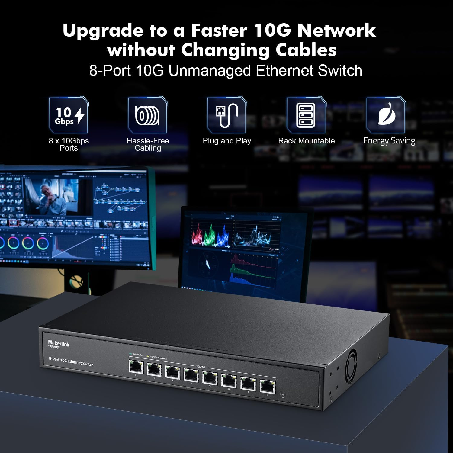 Mokerlink 8 Port 10Gbps Etheret Switch, Support 10G/5G/2.5G/1000M/100M Auto-Negotiation, 160Gbps Bandwidth Unmanaged Plug and Play Switch image number 4