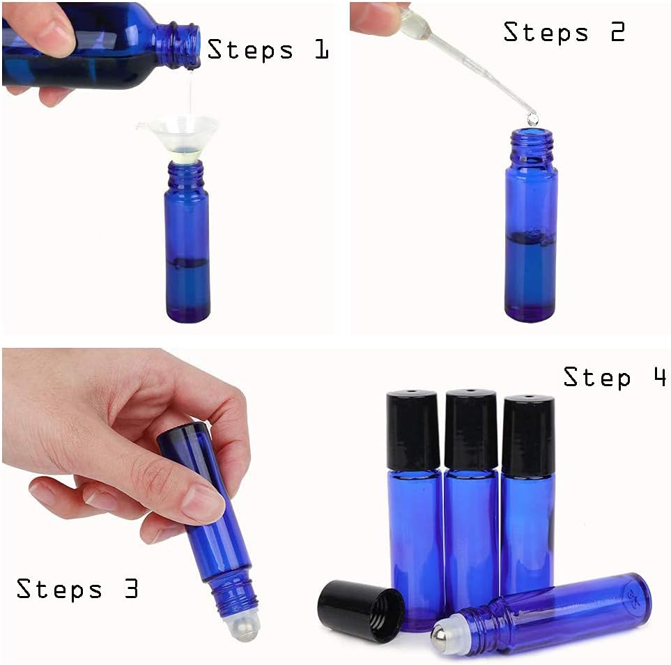 6 Pack 10 Ml Essential Oil Glass Roller Bottles, Cobalt Blue with Stainless Steel Balls (1 Opener, 1 Dropper Included) image number 6