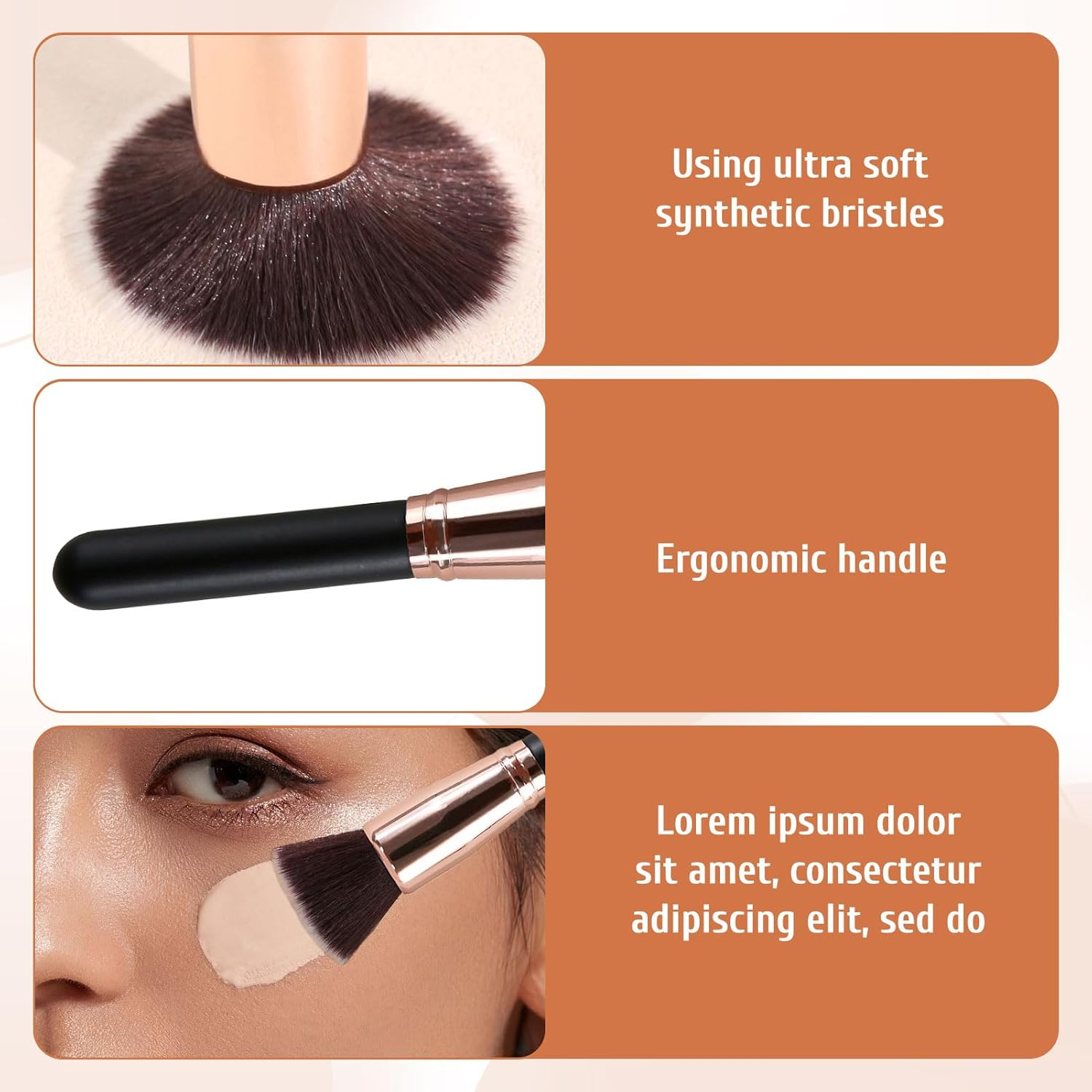 Foundation Brush, 3 Pcs Kabuki Makeup Brushes, Professional Makeup Brush, Flat Top & Angled & Blusher Brush, Body Make up Brushes for Liquid, Bronzer, Cream, Powder, Blending, Buffing, Contour image number 2