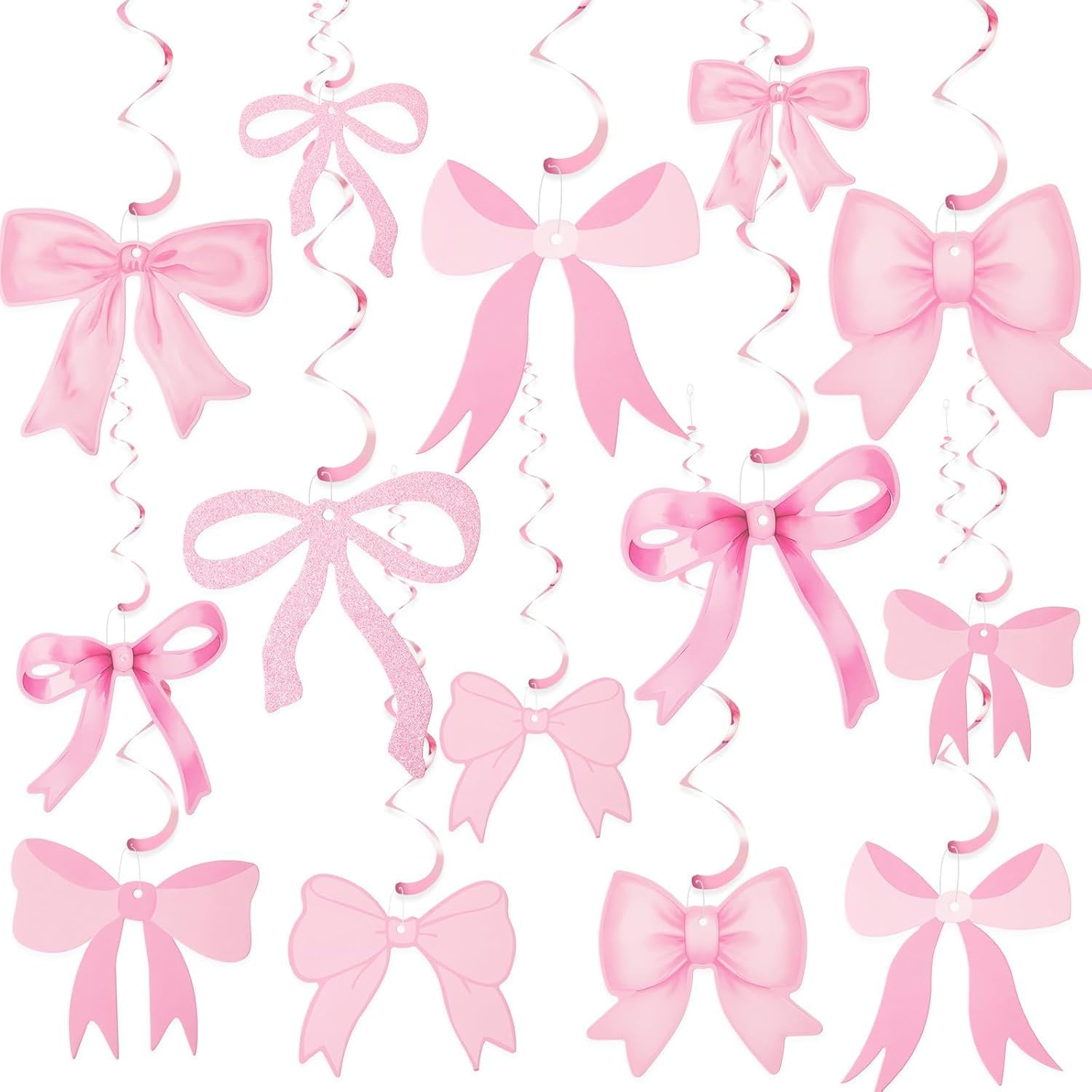 Pink Bow Party Decorations Garland Banner Hanging Swirls Set, 14 Piece Pink Bow Birthday Banner Party Hanging Swirls Set image number 1