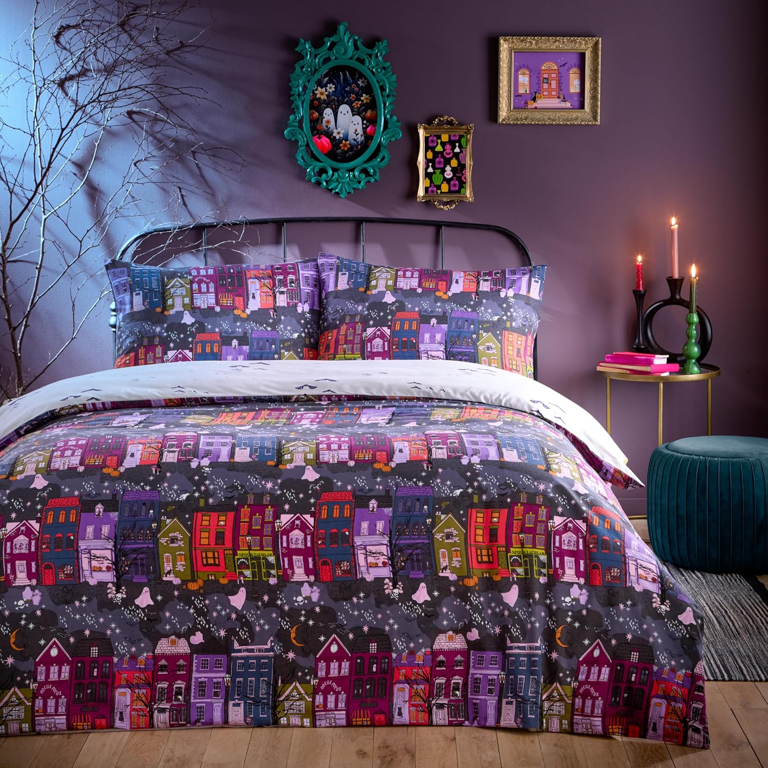 Furn. Creepy Town Halloween Duvet Cover Set - Charcoal - Single, Grey