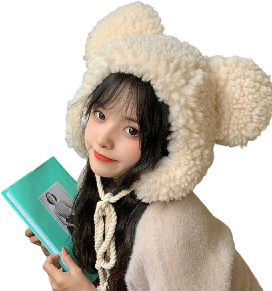 Women Earflap Hat Faux Fur Fuzzy Winter Cap Animal Cap with Ear Flaps Ushanka Cute Bear Plush Beanie for Girls Women Adult