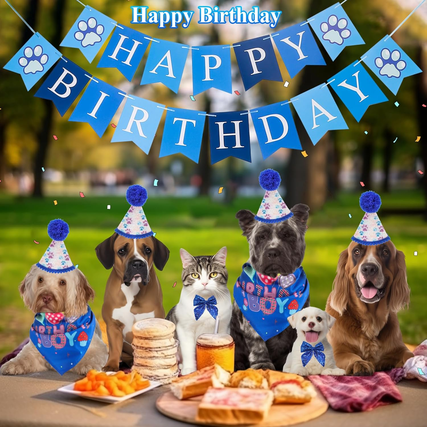 Dog Birthday Decor Sets, Happy Birthday Decoration with Hat Bandana Banner Bow Set, Puppy Cat Rabbit Boys Girls Party Supplies (Dark Blue)