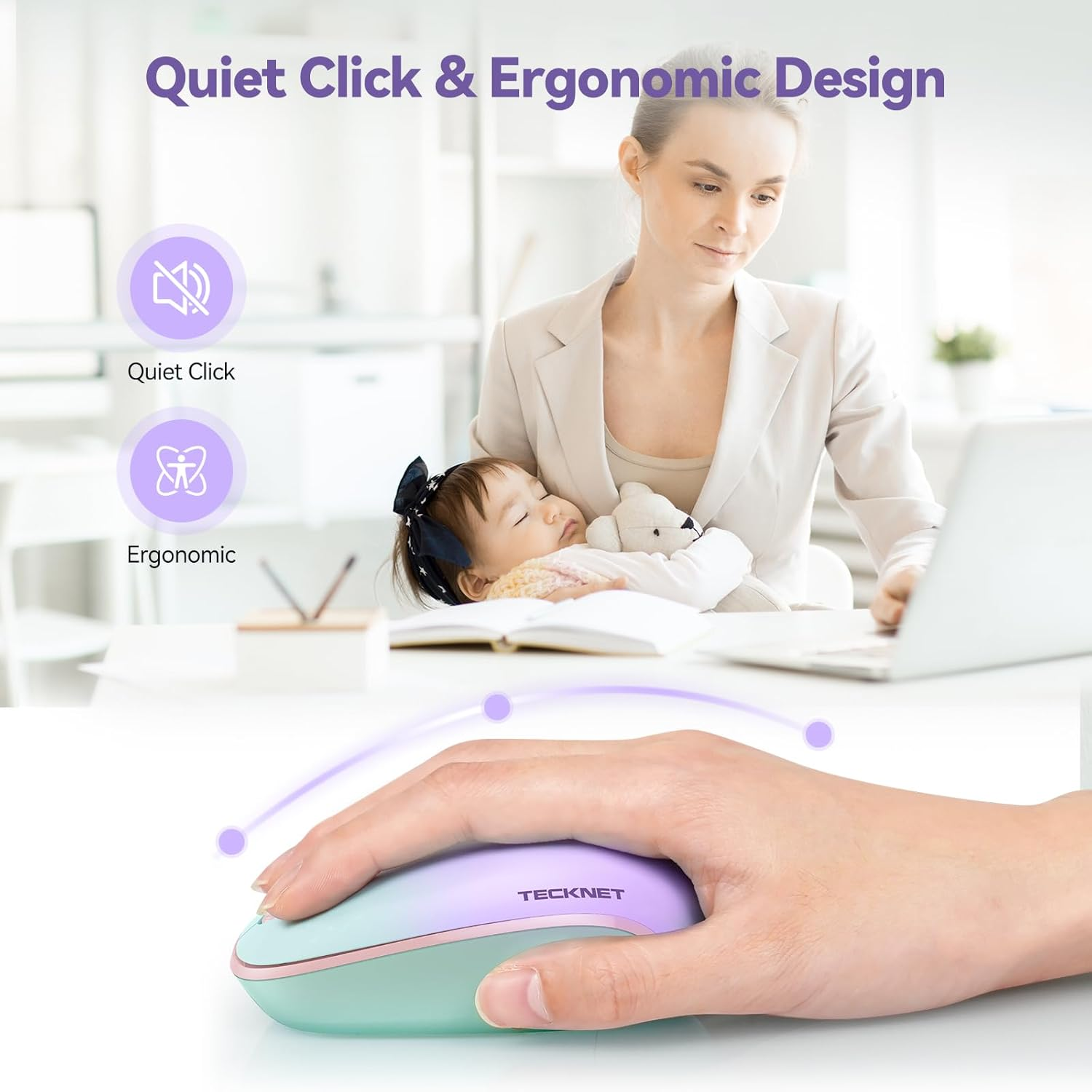 TECKNET Wireless Mouse, 2.4G Quiet Computer Mouse with USB Receiver, 4 Buttons Portable Cordless Mice for Chromebook, Laptop, PC, Mac, 800/1200/1600 DPI image number 1