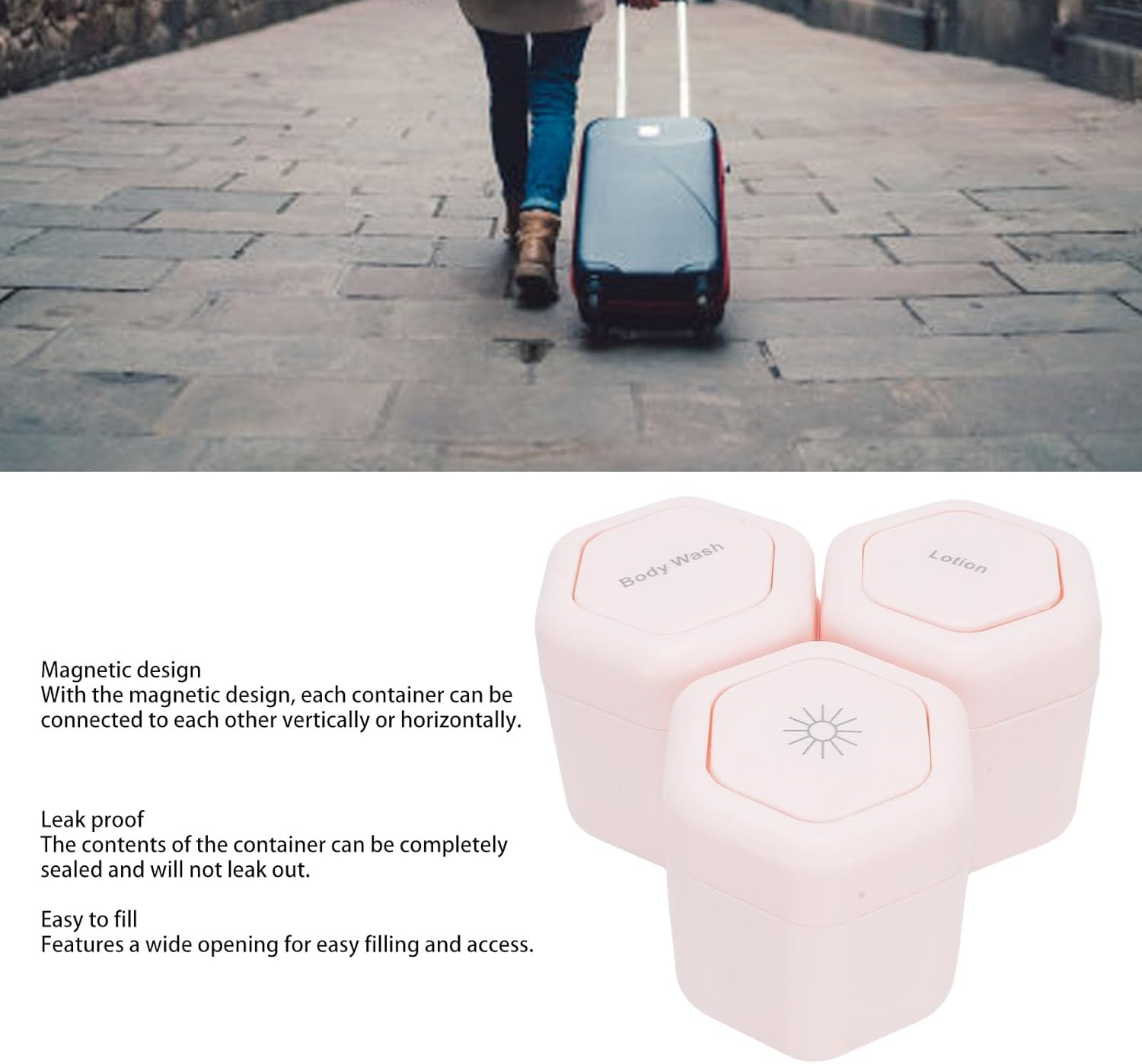 Oreilet 3Pcs New Travel Containers, Roseate Reusable Leak Proof Body Care Capsule Magnetic Containers with Wide Mouth & Lids, Portable Magnetic Travel Jars for Body Wash Lotion image number 3
