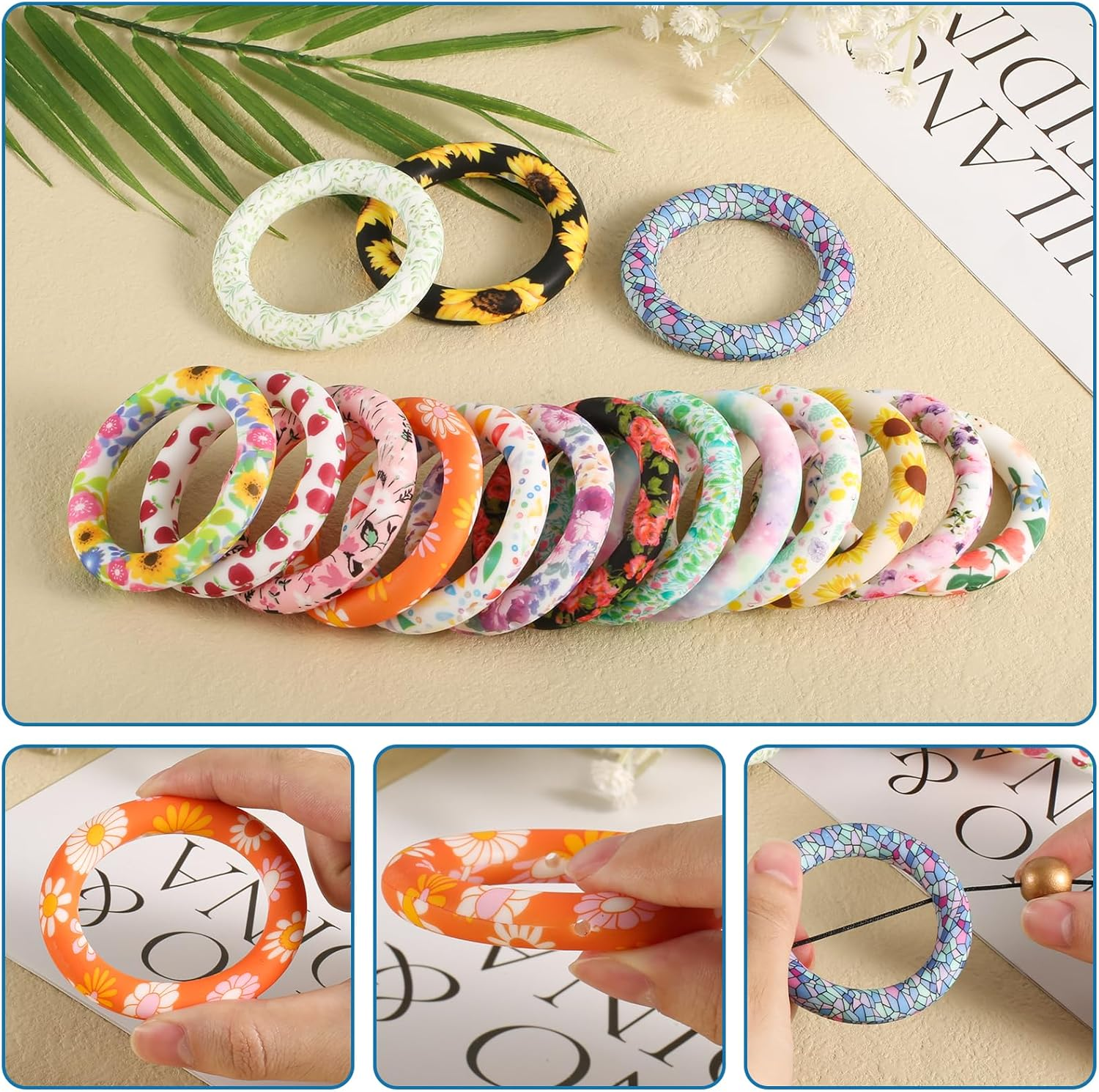 16Pcs Floral Silicone Beadable O Rings, 65Mm Silicone Beads Ring round Silicone Loop with 2 Holes Focal Frame Silicone Pendant for Jewelry Making DIY Crafts Necklaces Keychains(16 Styles) image number 6