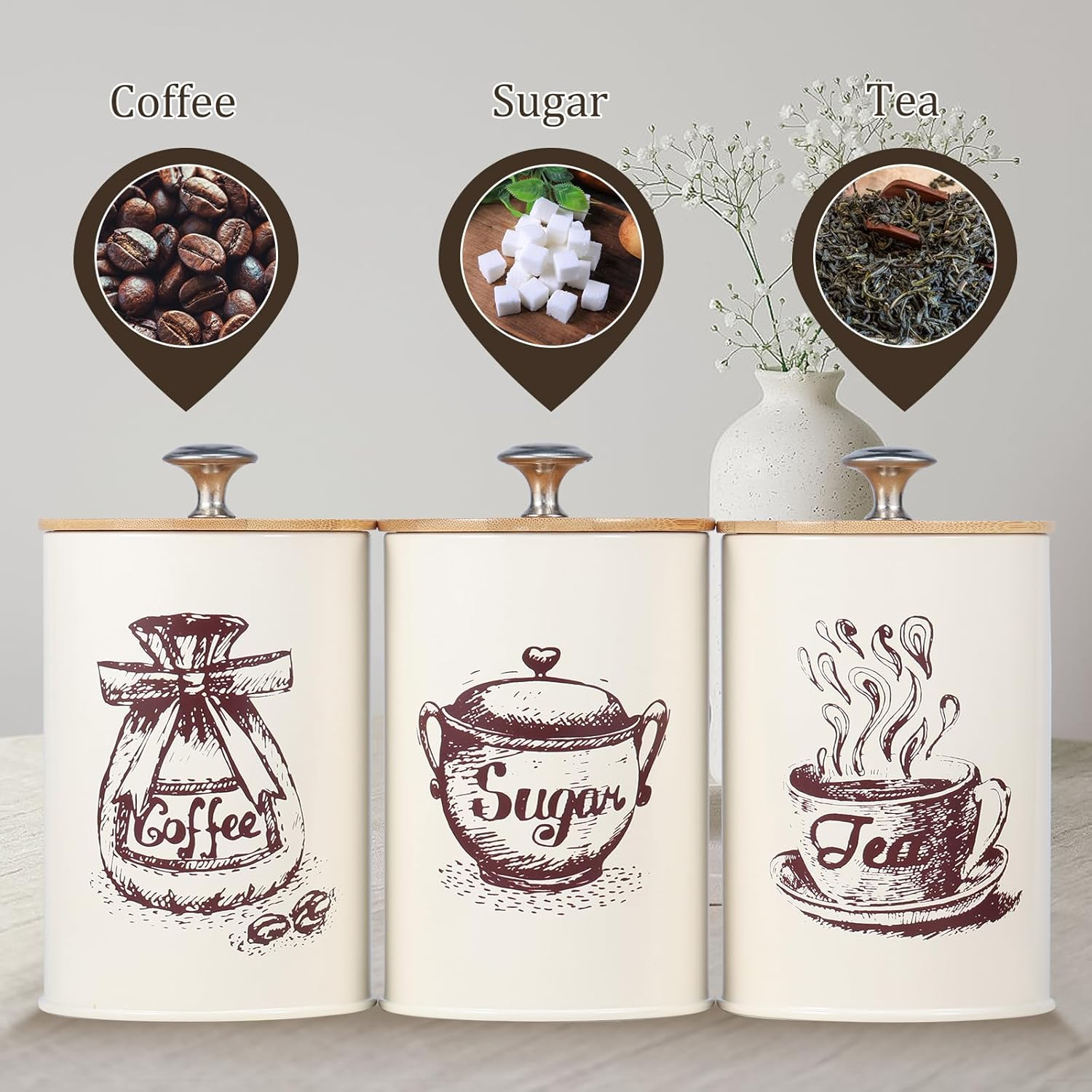 Rdjeokf 3PCS Coffee and Sugar Container Set Vintage Canisters Set Decorative Tea Container Set 25 Oz for Coffee Tea Sugar Kitchen Storage Organisation image number 5