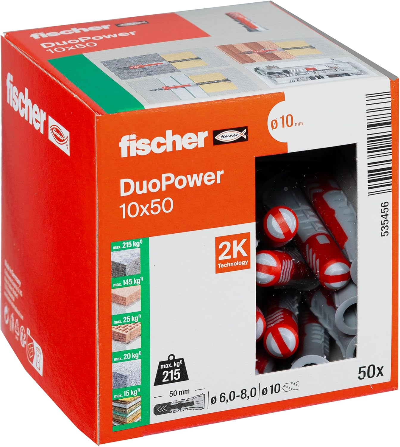 Fischer Duopower 8 X 65, Powerful Universal Plug with Intelligent 2-Component Technology for Fastenings in Concrete, Bricks, Stone, Etc., 50 Plugs without Screws image number 3
