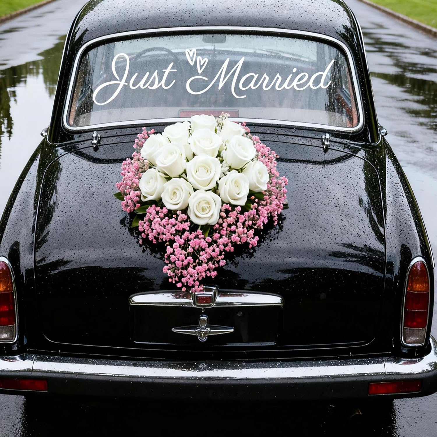 Just Married Car Sticker, Vinyl PVC White Wedding Bumper Sticker Graceful Wedding Car Decorations for Bride & Groom Vehicle