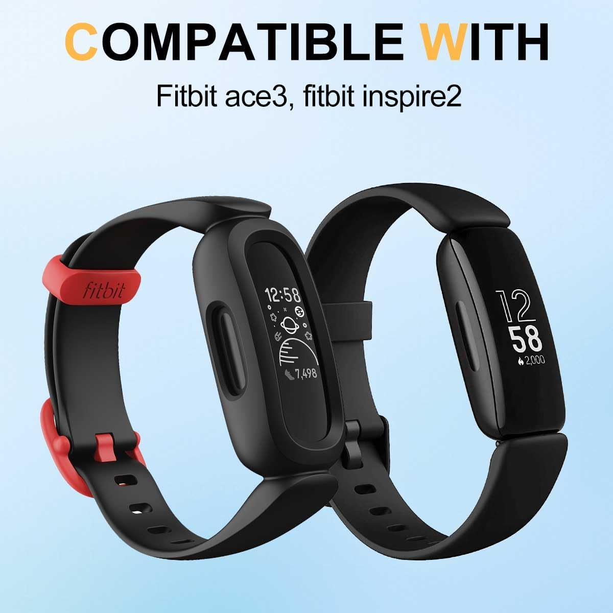 (2 Pack) T Tersely Sport Band for Fitbit ACE 3/Inspire 2 for Kids (2021), Soft TPU Silicone Replacement Strap Fitness for ACE3 Activity Tracker - Black +Blue/Yellow image number 5