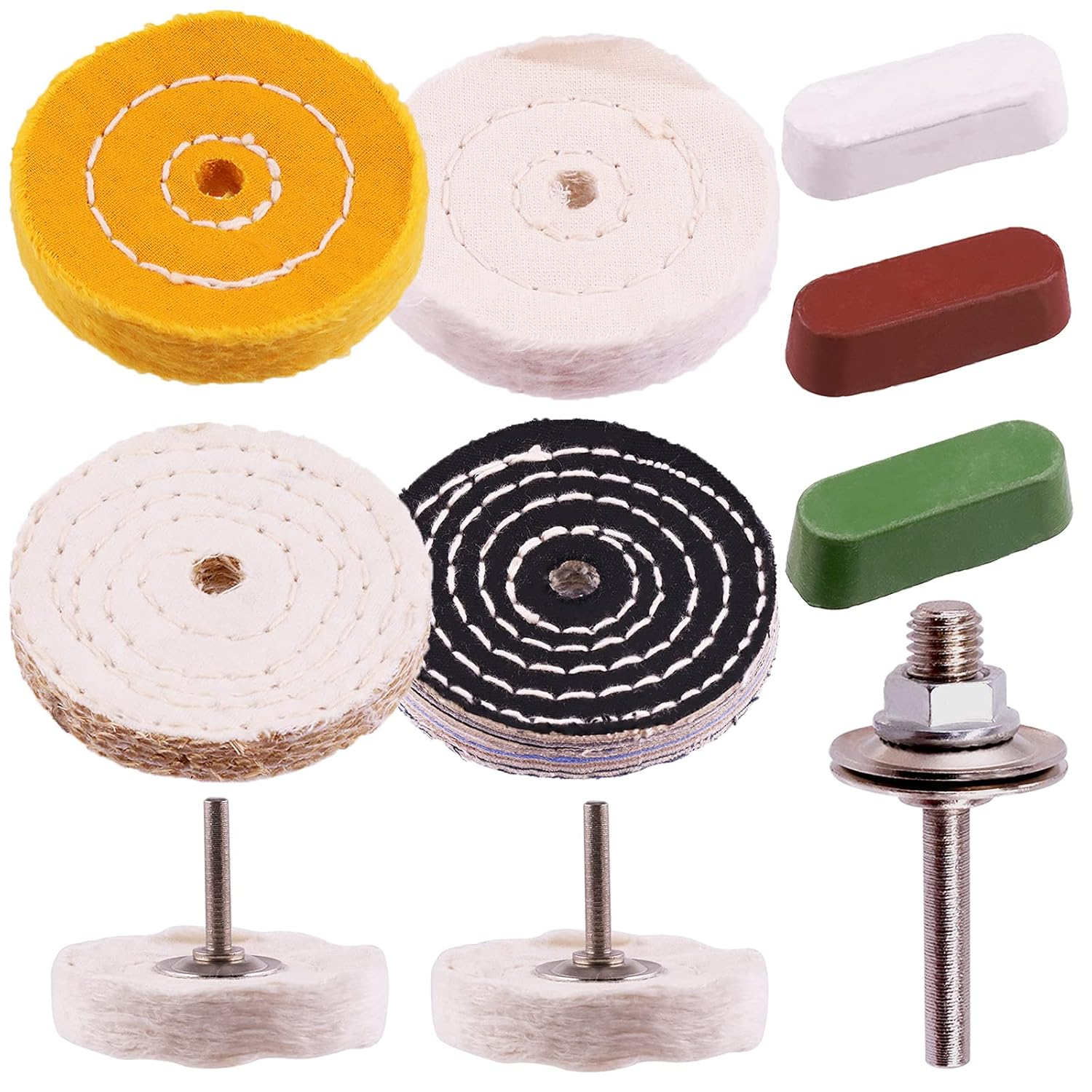 Swpeet 3" Buffing Polishing Wheels Polish Pad 8Pcs Kit with 3Pcs Polishing Compounds and 1/4" Drill Shank, White Cotton(50Ply)/ Yellow Cotton(36Ply)/Coarse Linen/Denim Wheels for Bench Grinder image number 2