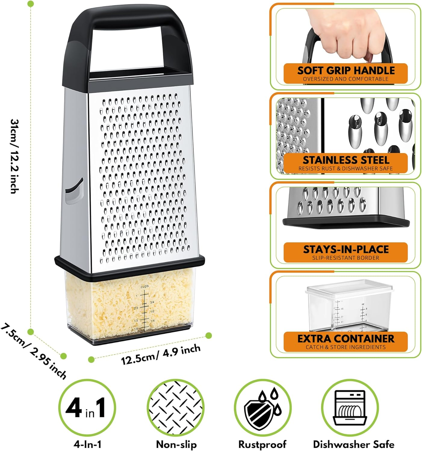 Urbanstrive Cheese Grater with Container Box Grater Stainless Steel Graters for Kitchen Cheese Shredder Parmesan Shredder Kitchen Gadgets Kitchen Tools Kitchen Gifts for Chef Dishwasher Safe Zester - Black image number 6