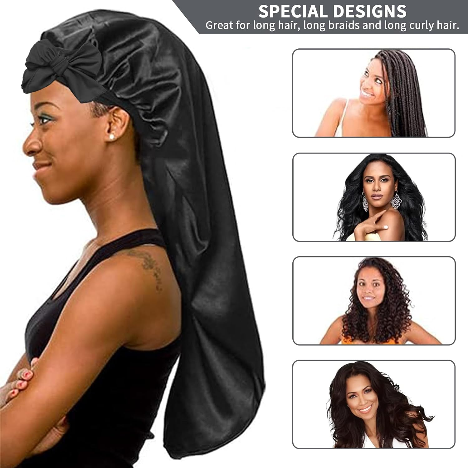 2PCS Satin Silk Hair Bonnet with Tie Band, Large for Braids Sleeping, Adjustable Sleep Cap for Women, Elastic for Long Hair - Purple image number 5