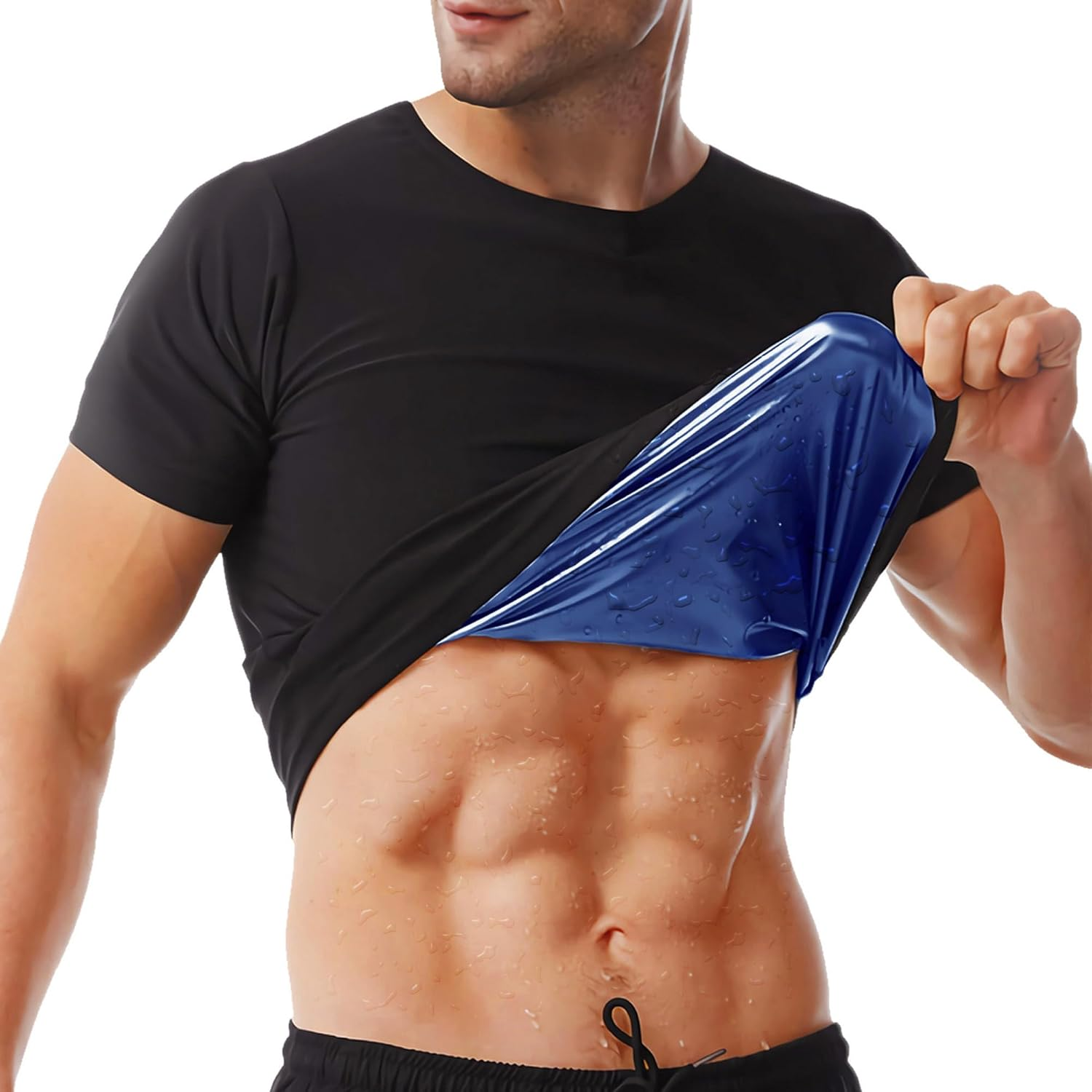 Sauna Shirt for Men, Short Sleeve Sauna Suit for Men, Sweat Body Shaper Sauna Vest for Men Gym Exercise Sauna Top, Black-Blue Inner, Large image number 3