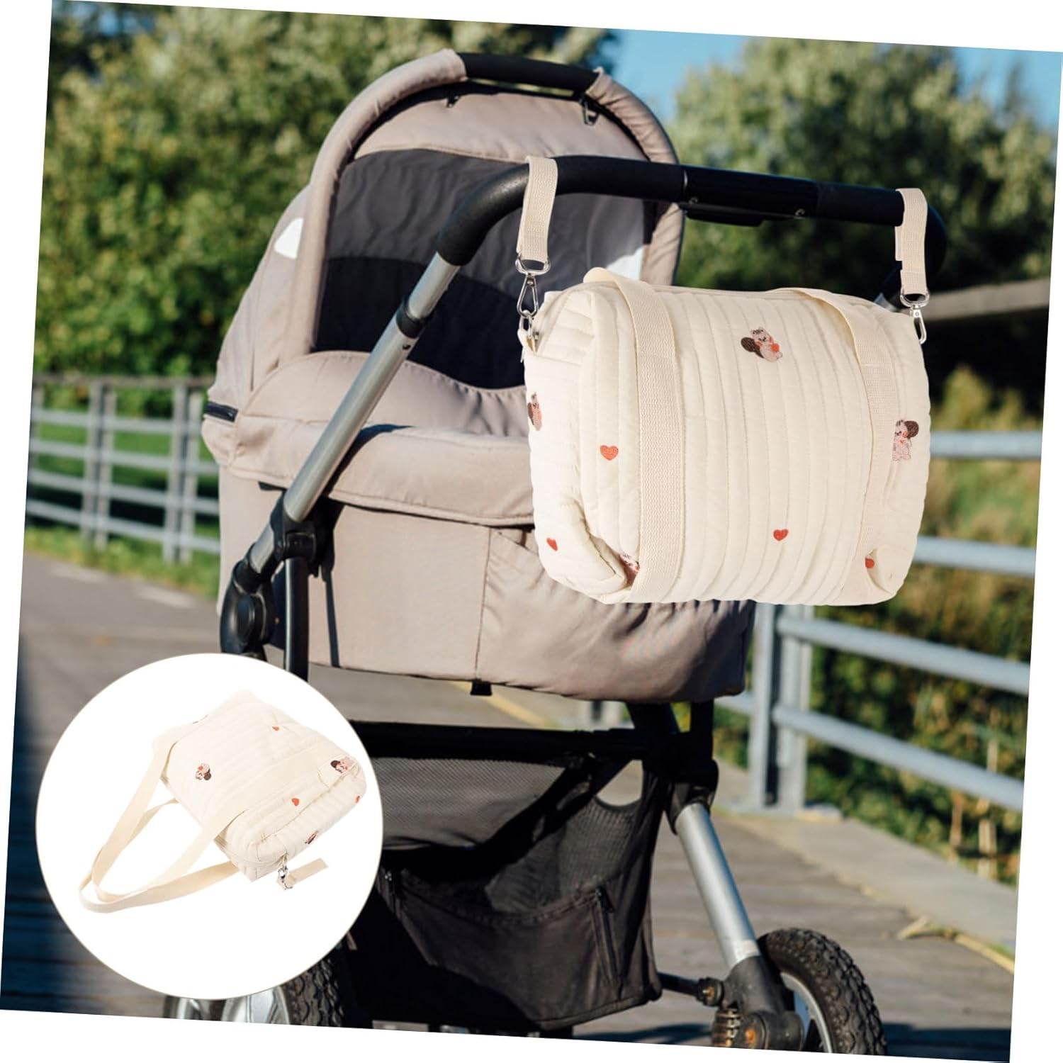 Embroidered Cotton Diaper Bag Stroller Diaper Tote for Moms Medium Size Squirrel Design Baby Storage Bag Travel Compact Double Strap