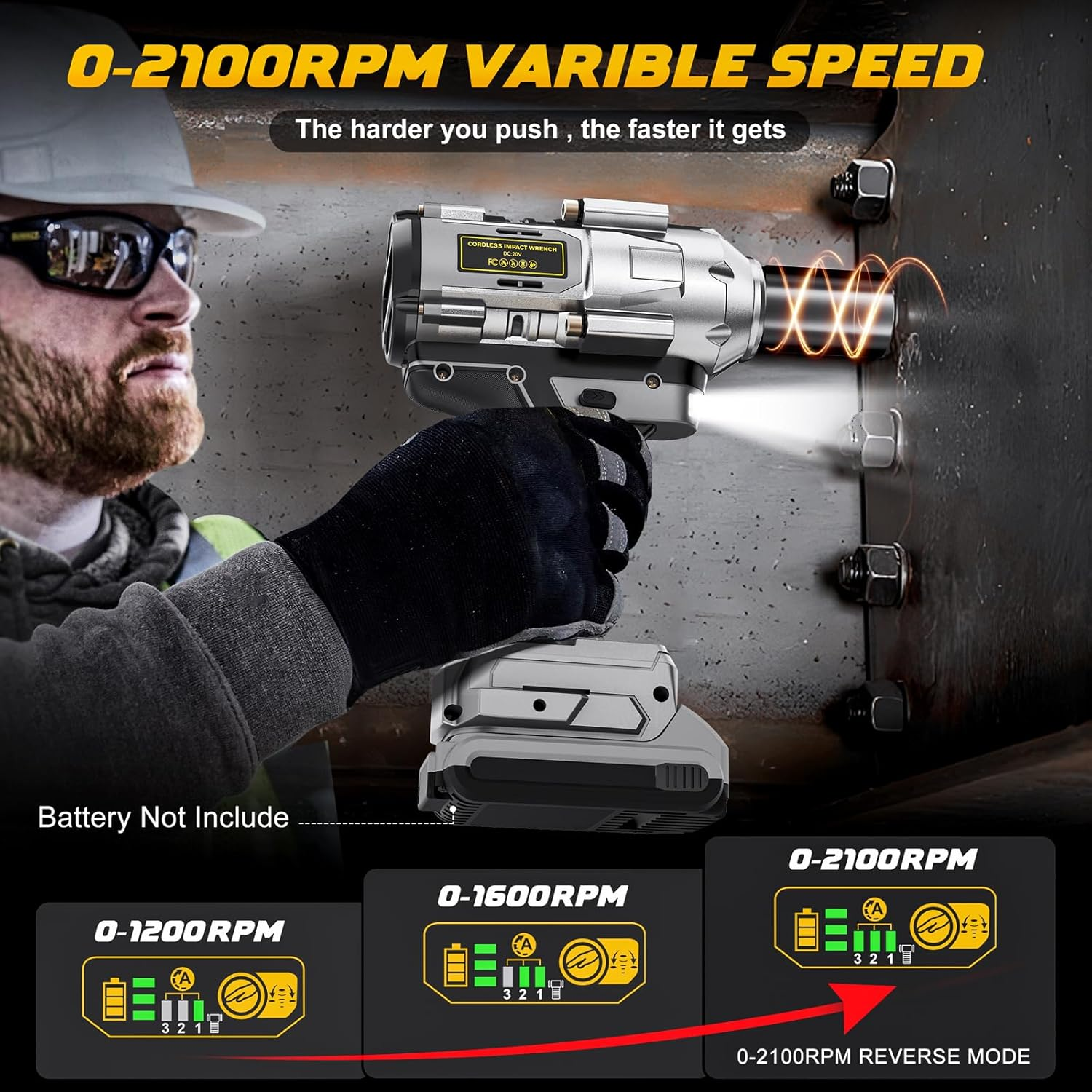 Cordless Impact Wrench for Dewalt 20V Battery,1/2 Inch Impact Wrench 900Ft-Lbs(1200N.M) High Torque Brushless Electric Impact Gun, Power Impact Driver with 4-Mode Speed, LED Work Light(No Battery) image number 4