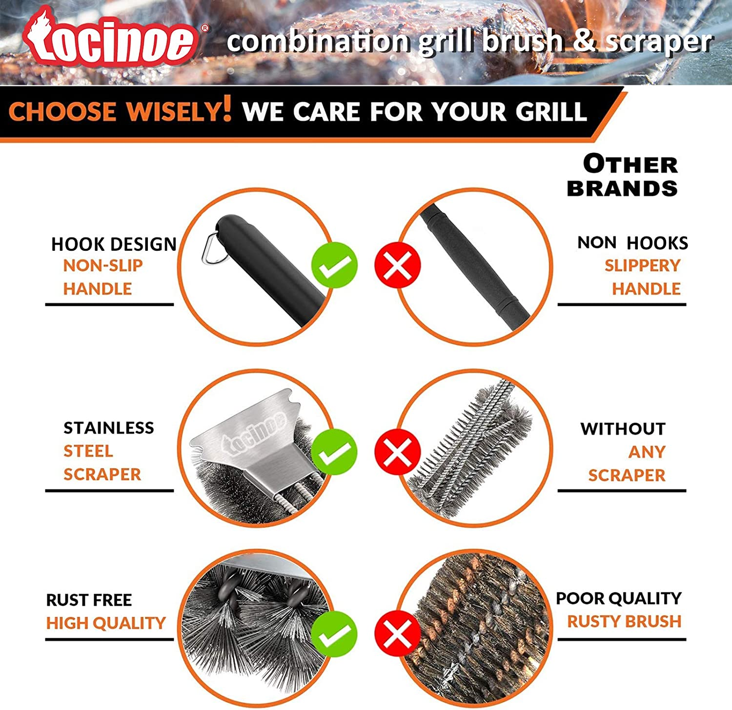 Grill Brush and Scraper - Extra Strong BBQ Cleaner Accessories - Safe Wire Bristles 18" Stainless Steel Barbecue Triple Scrubber Cleaning Brush for Gas/Charcoal Grilling Grates, Wizard Tool&hellip;