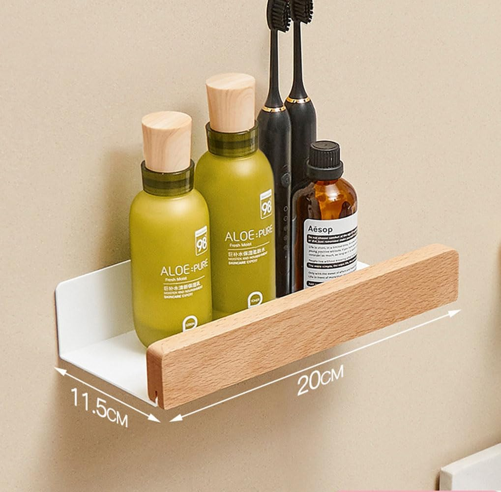 Wall Mounted Floating Metal Shelf Ledge, White Bathroom Shelf Wall Mount Shelf Decorate with Solid Wood Edges Space Saving Rustproof Extra Strong Floating Shelves Storage Shelf (20 Cm) image number 2