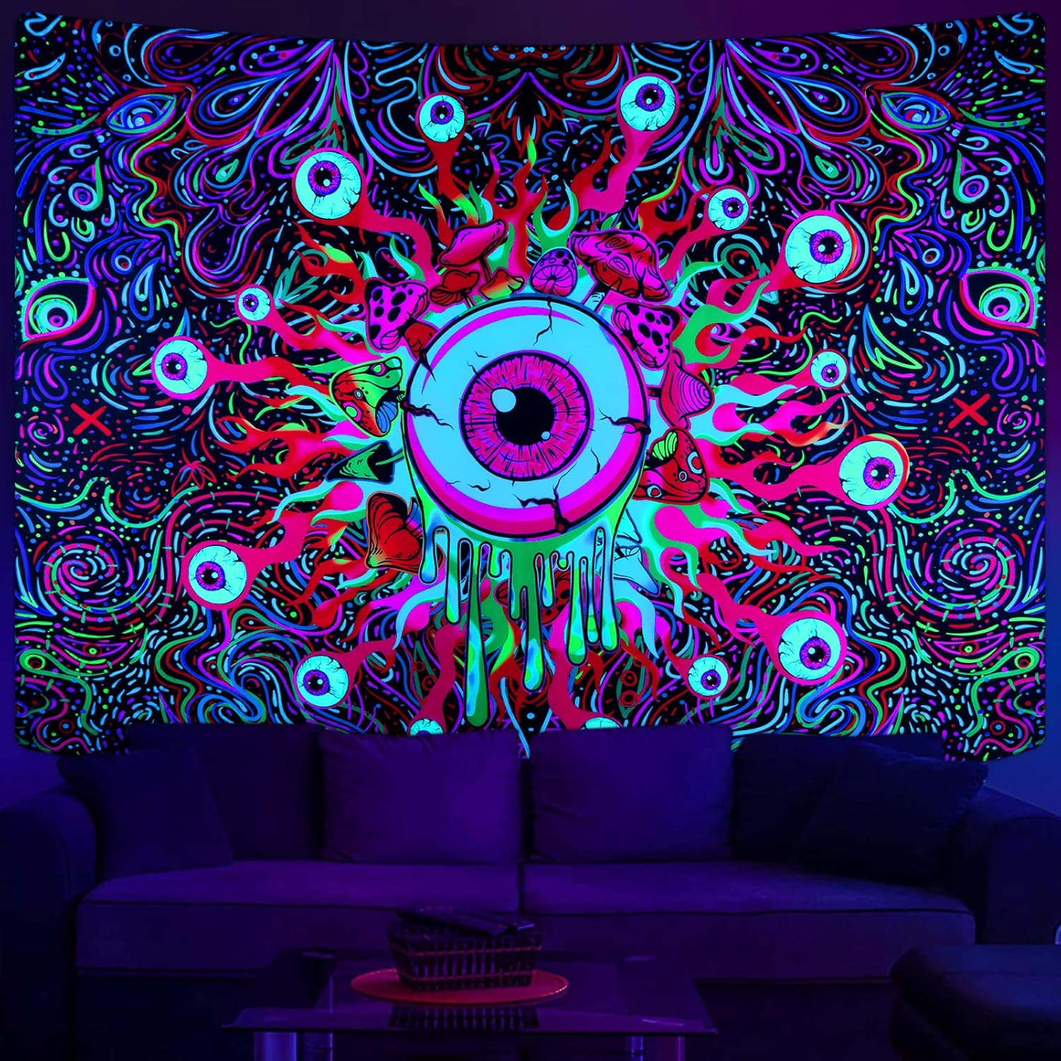 Boniboni Blacklight Mushroom Tapestry UV Eyes Tapestry Colorful Neon Tapestries Glow in the Dark Aesthetic Tapestry Wall Hanging for Bedroom, Room(51.2 X 59.1 Inches)