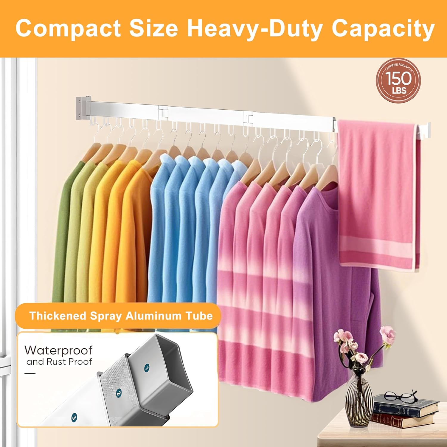 Clothes Drying Rack, Foldable Laundry Drying Rack Wall Mounted, Heavy Duty Space Saving Wall Clothing Rack, Collapsible (Tri-Fold), Retractable Rack Outdoor Indoor with Hooks, White image number 1