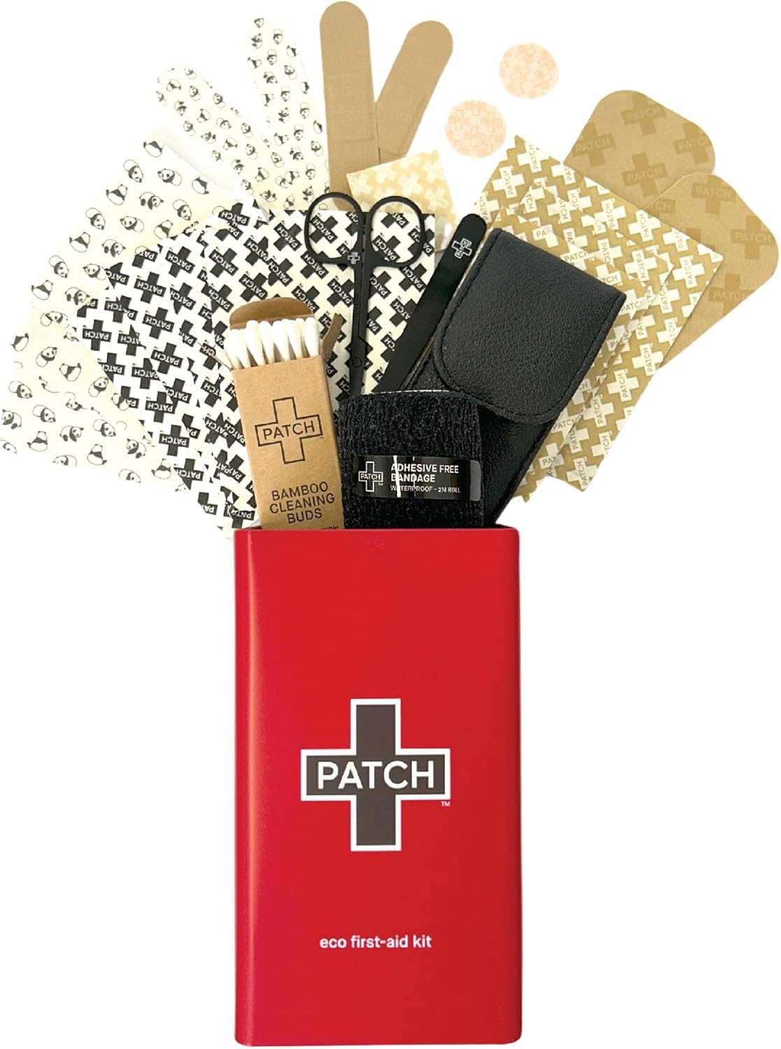 Patch Eco First Aid Kit, Assorted Hypoallergenic Adhesive Sizes Large and Small Bandages for Sensitive Skin, Essential Medical Supplies in a Reusable Tin, Latex Free, Sensitive Skin Bandages, 77 Ct