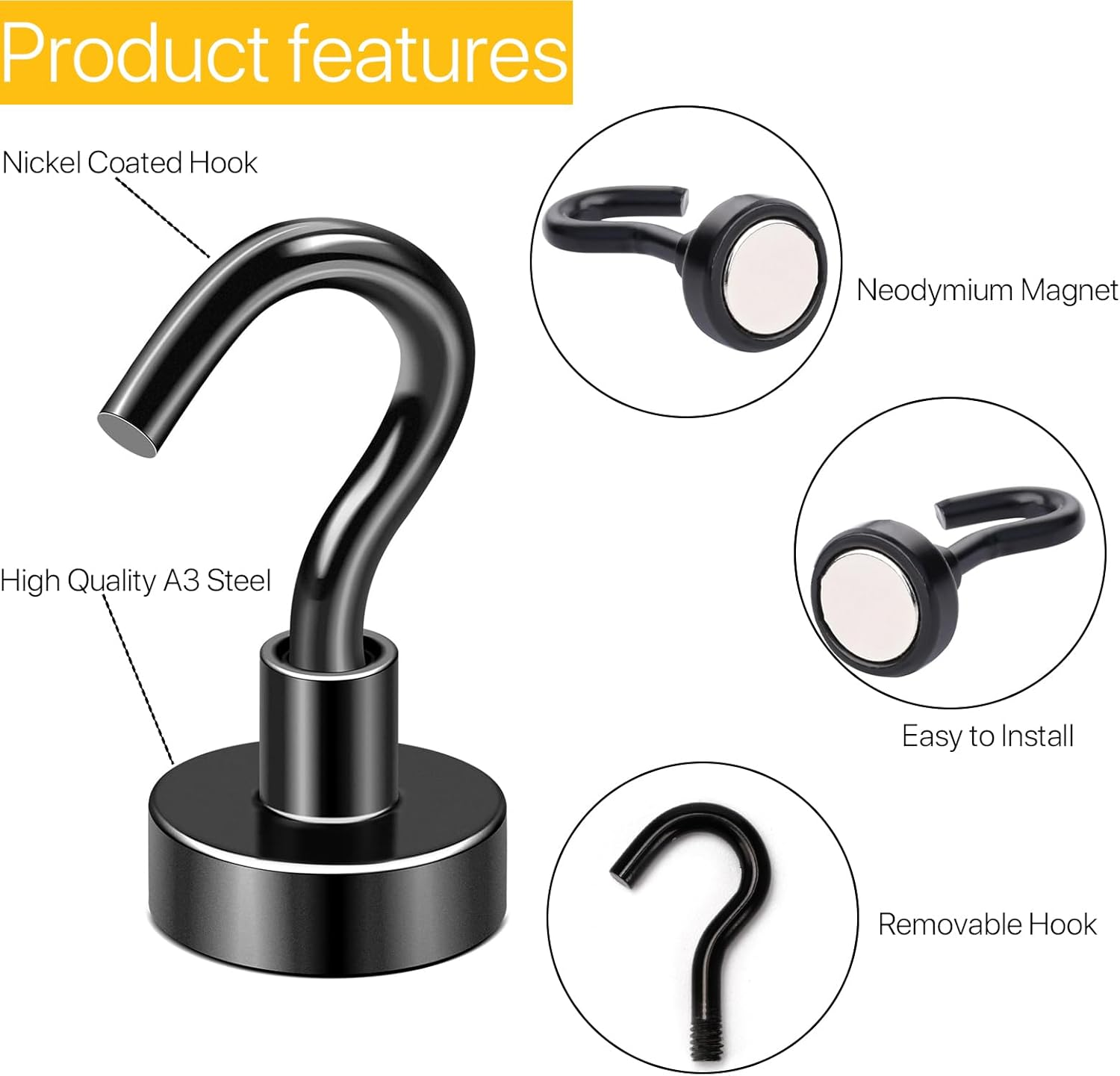 Leuik 20Pcs Magnetic Hooks Heavy Duty Strong Magnet Hooks for Hanging with Neodymium & Non Scratch Adhesive, Magnetic Hanger for Cruise Ship Camping Grill Kitchen Toolbox Storage Refrigerator,Black image number 6