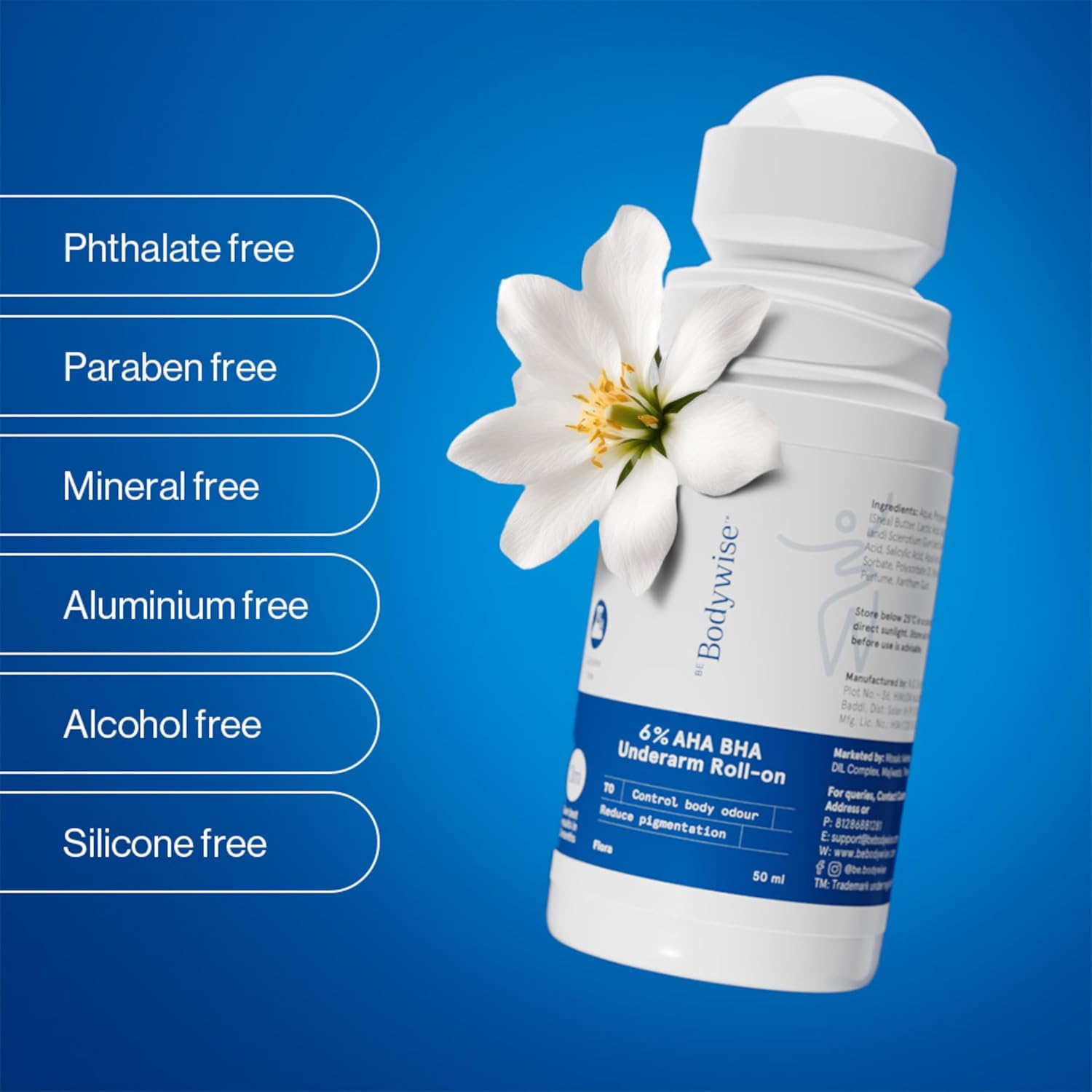 Be Bodywise Underarm Roll on |4% AHA BHA 1% Salicylic Acid, 2% Lactic Acid | Prevents Odour, Pigmentation | Brightens Skin, Kills Bacteria I Long Lasting | 0% Alcohol I Flora Advanced I 50Ml image number 3