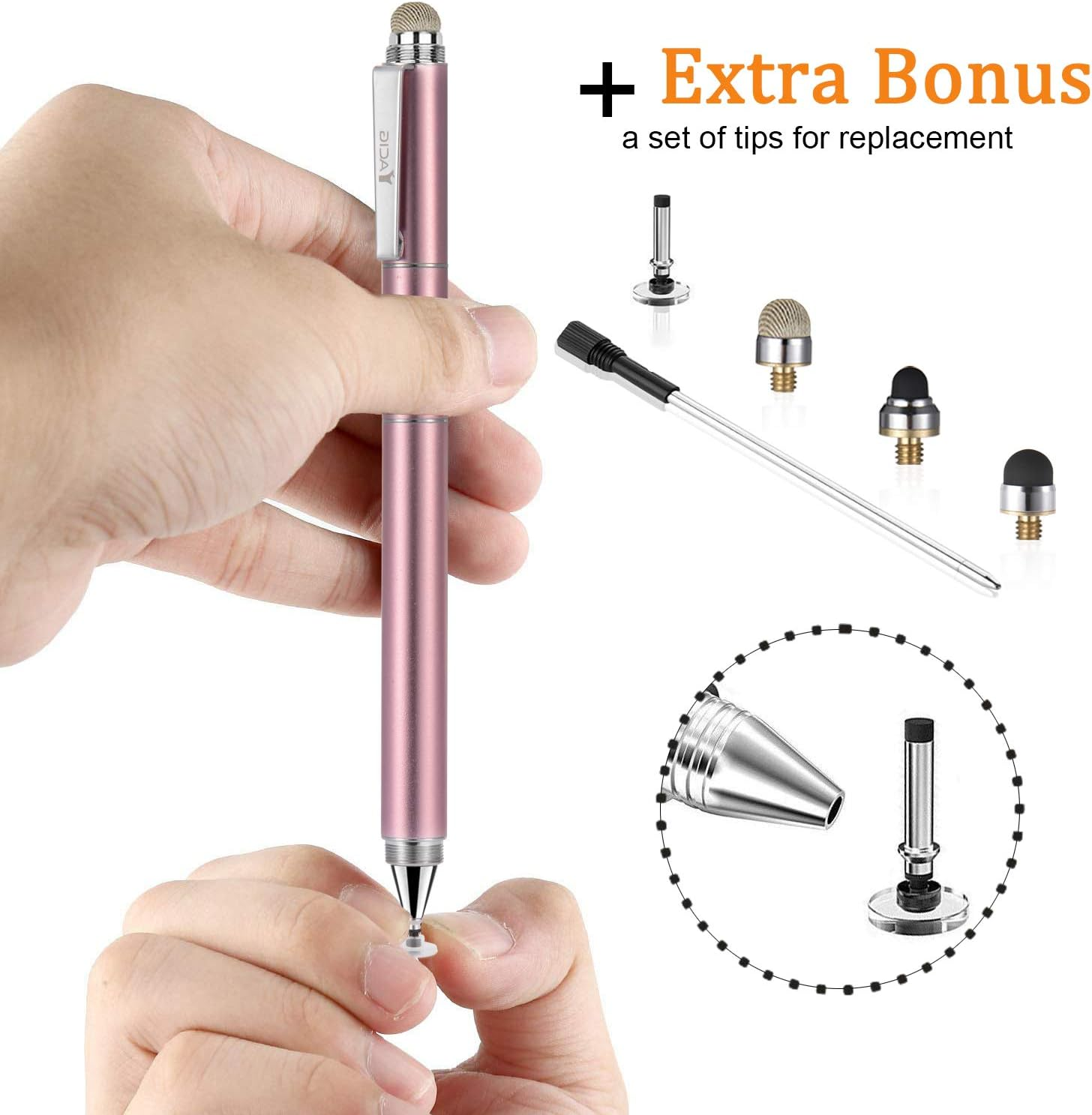 Stylists Pens for Touch Screens Ipad Iphone Android, 4-In-1 High Sensitivity and Precision Touch Screen Stylus Clear Disc Tip, Black Rubber Tip &Mesh Fiber Tip, Rose Gold