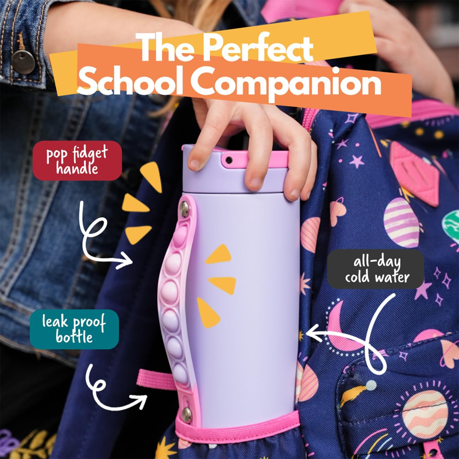 Elemental Iconic Kids Water Bottle - Leak Proof Insulated Water Bottle with Straw Lid & Stress Relief Pop It Handle - Stainless Steel Triple Wall Bottle for School, Bpa-Free, 414Ml - Lilac Tie Dye