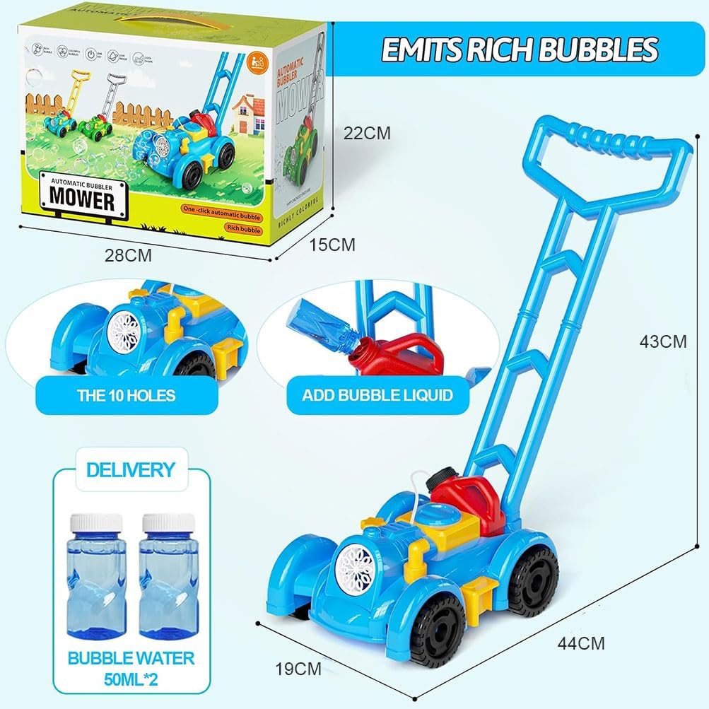 Bubble Lawn Mower with Bubble Solution, Bubble Maker Blower Outdoor Garden Toy Indoor Outdoor Push Gardening Summer Toy Gifts for Birthday Party Holiday (Blue) image number 3