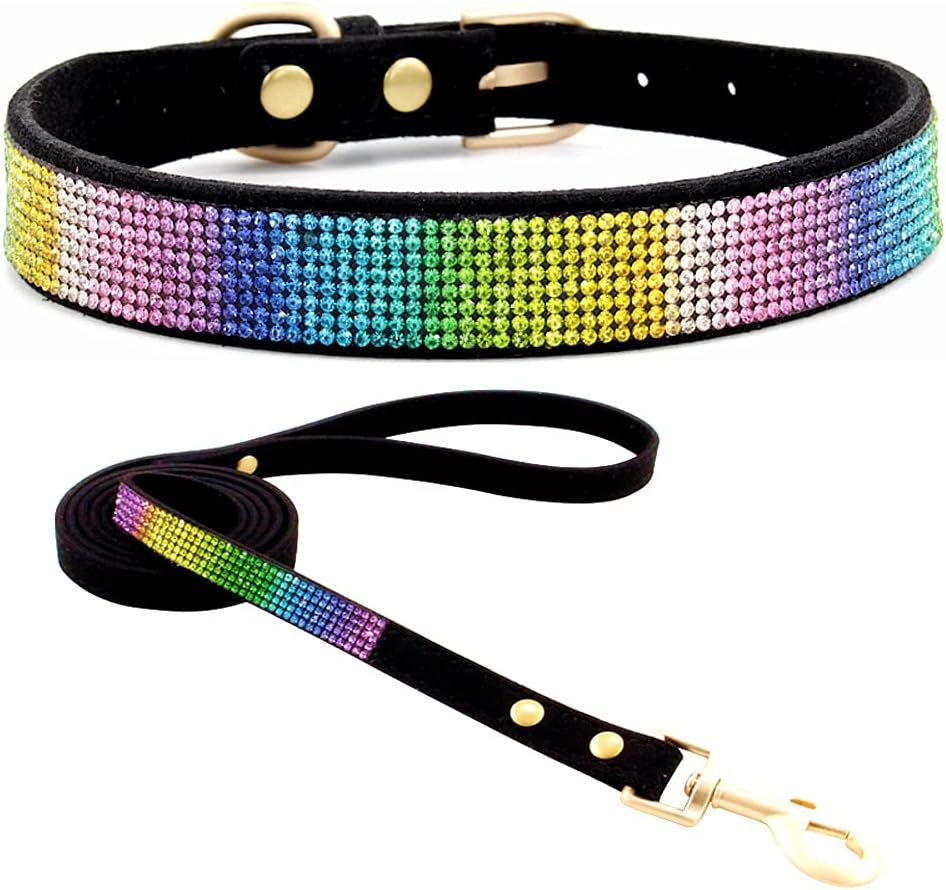 Haoyueer Cute Dazzling Sparkling Elegant Fancy Soft Suede Leather Bling Rhinestone Crystal Jeweled Pet Cat Dog Puppy Collar Dog Leash Combo Set (M, Blue-1)