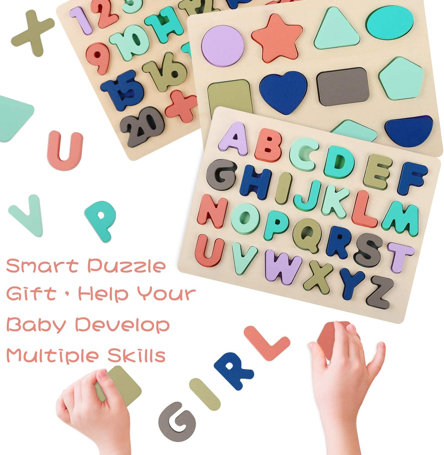 Building Blocks Wooden Puzzles for Toddlers, Wooden Alphabet Number Shape Learning Puzzles for Kids, Preschool Educational Toys Boys Girls Ages 3 4 5 6 Years Old image number 5