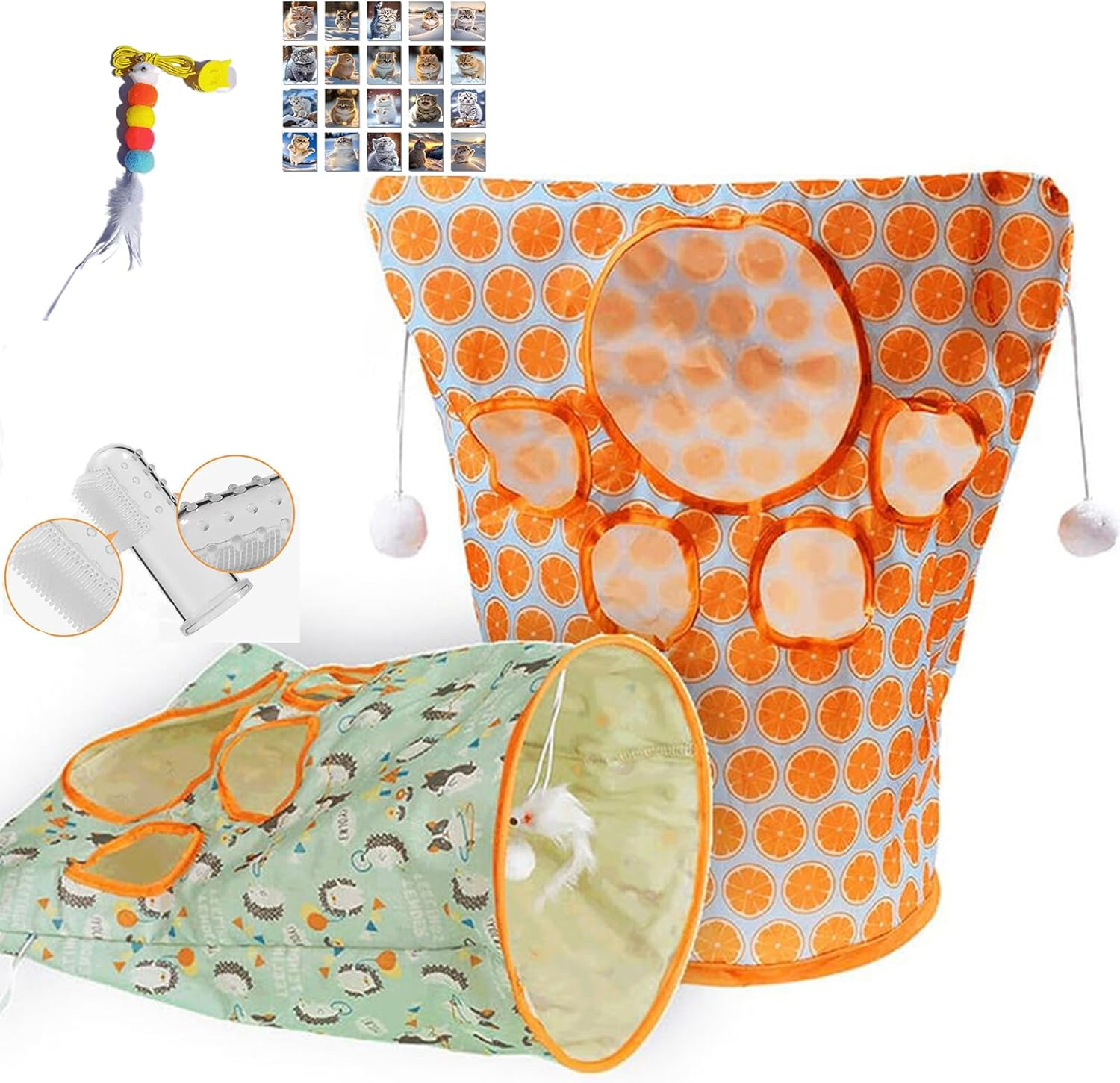 Cat Tunnel Toy, with 1 Little Mouse & 3 Toy Ball, Kitty Pet Collapsible Tunnel Crinkle Sack Bag Self Hide and Seek Play for Indoor Peekaboo Interactive Smarty Cat Cave Toy. (Green and Orange)